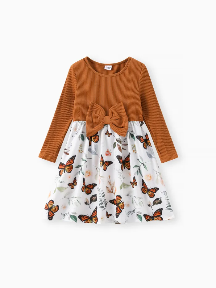 Toddler Girl Floral Leaf/Butterfly Print Splice Bowknot Design Long-sleeve Dress