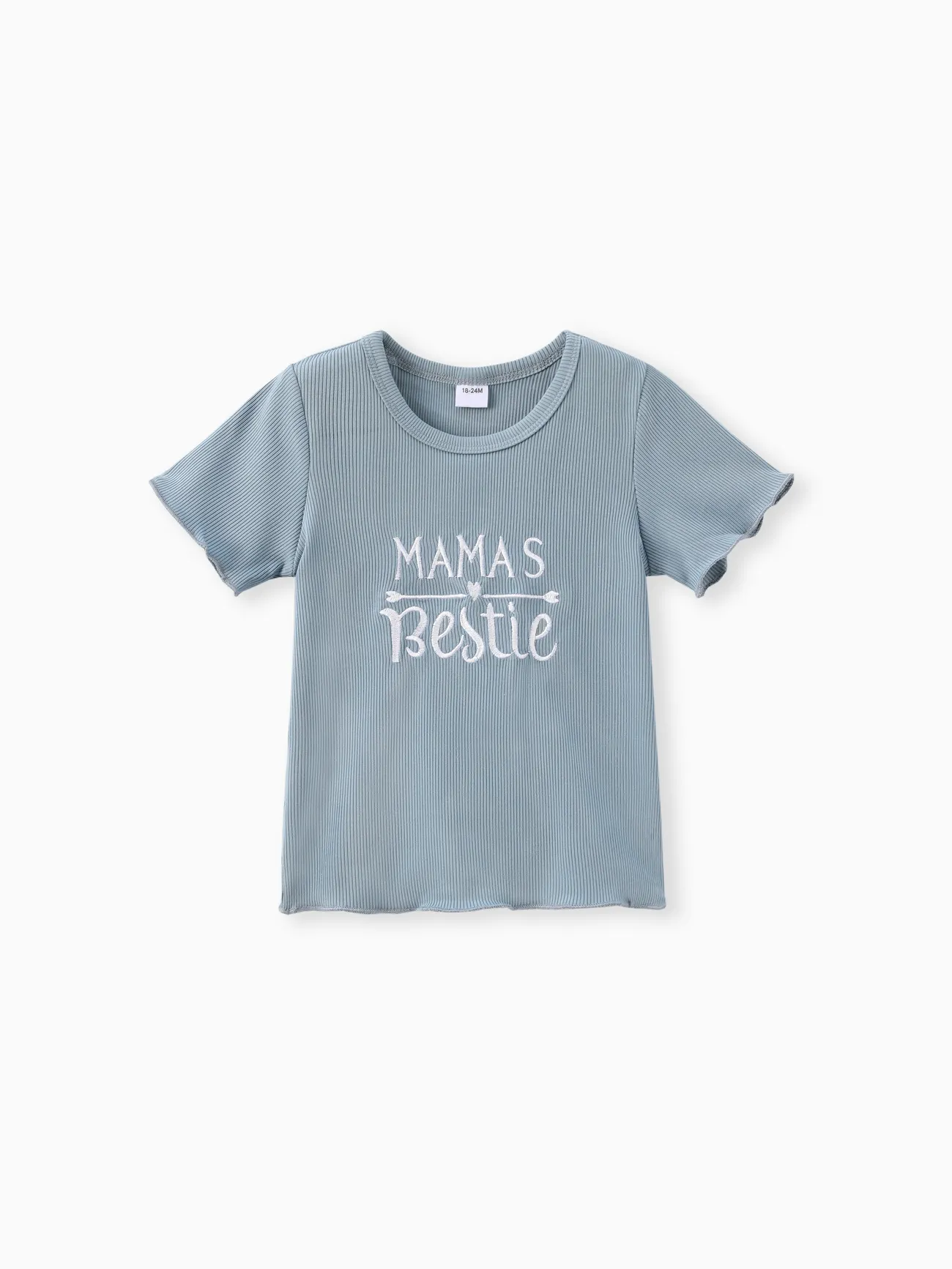 Toddler Girl Letter Embroidered Ribbed Lettuce Trim Short-sleeve Tee