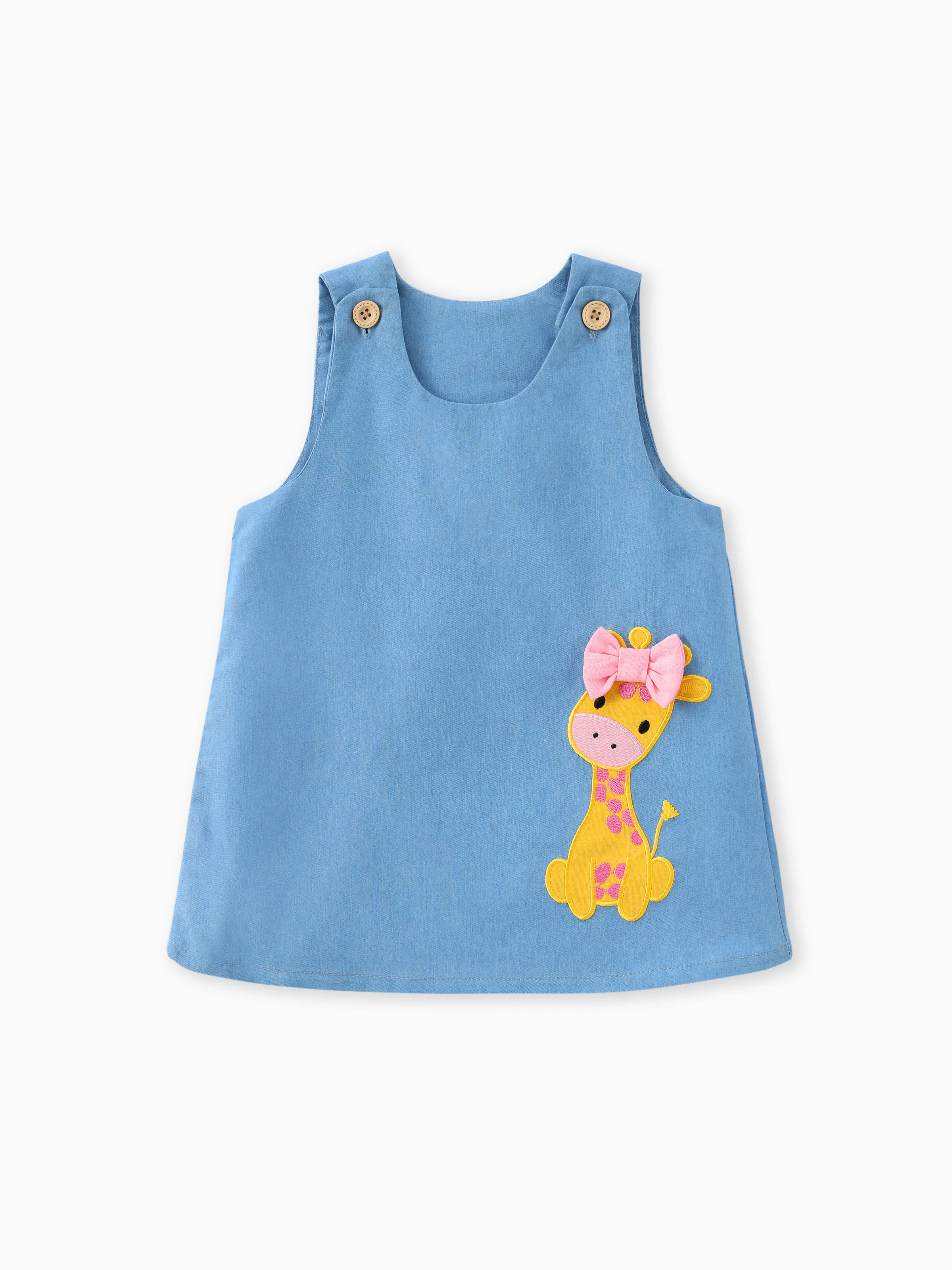 Baby Girl Giraffe Bowknot Solid Blue Denim Tank Dress Light Blue