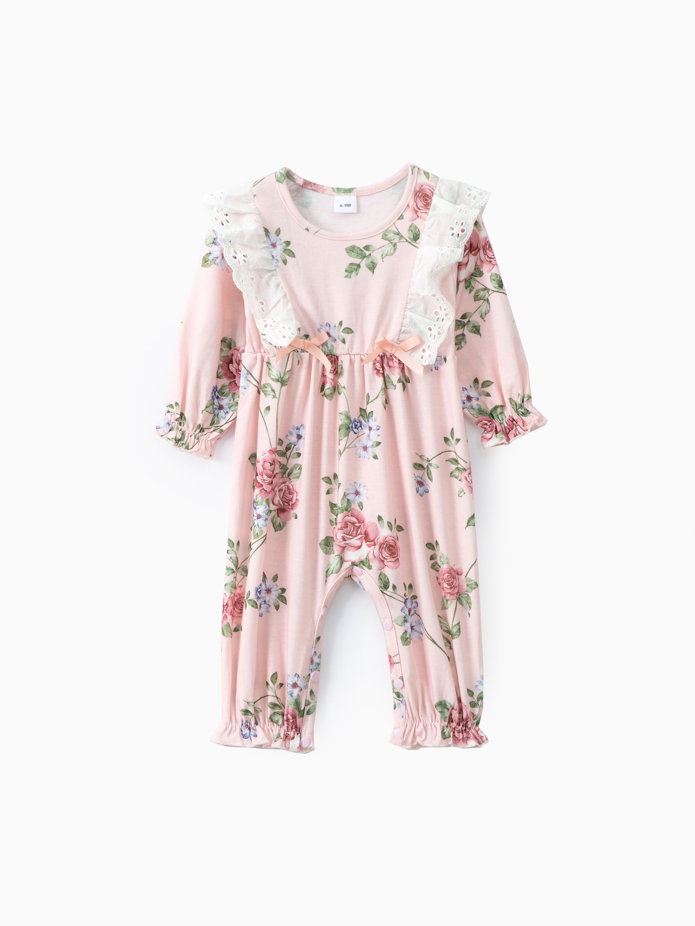 

Floral Allover Bow and Lace Decor Long-sleeve Baby Jumpsuit