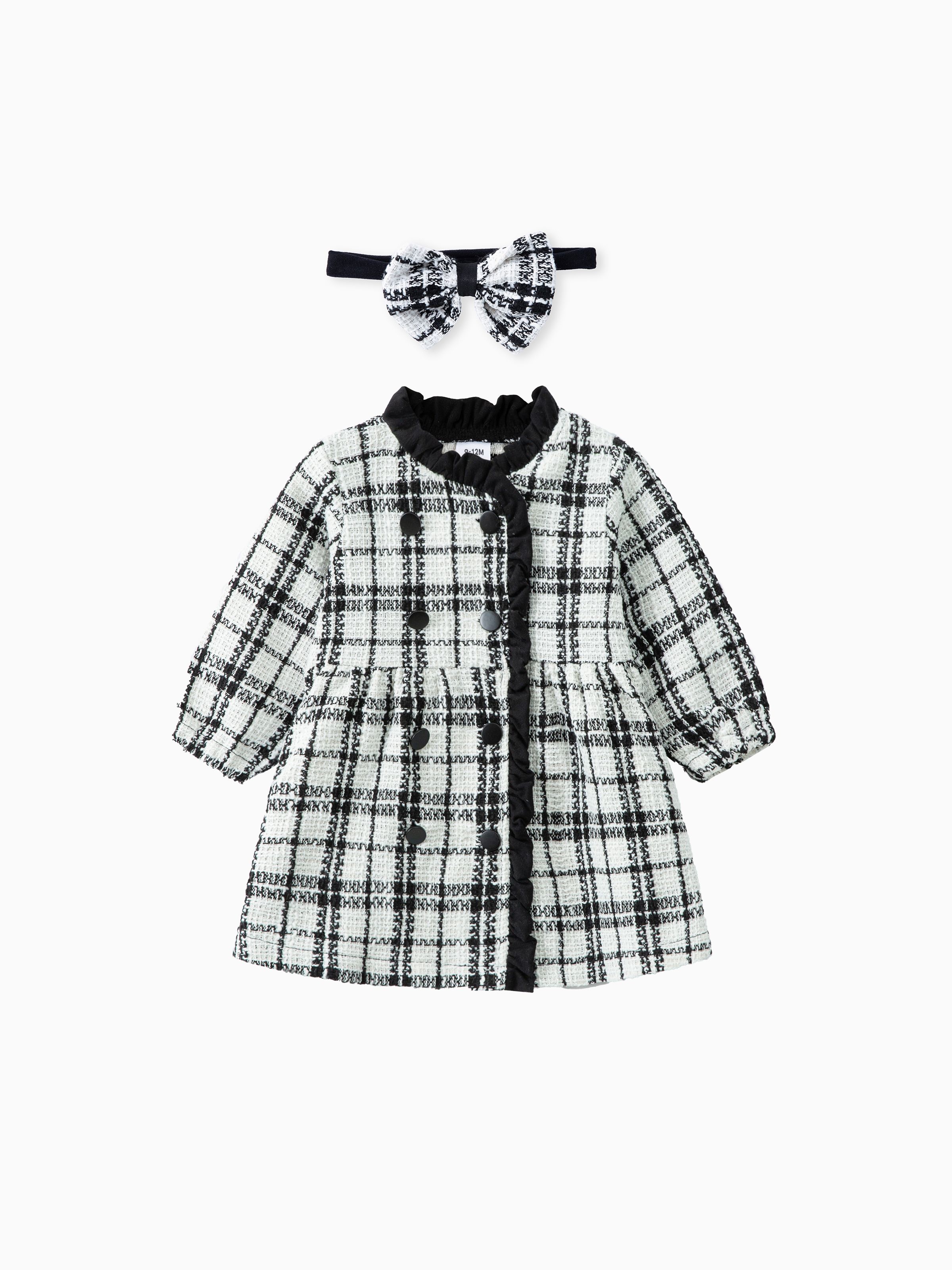 

Baby Girl Plaid Print Open Button Design Dress with Headband