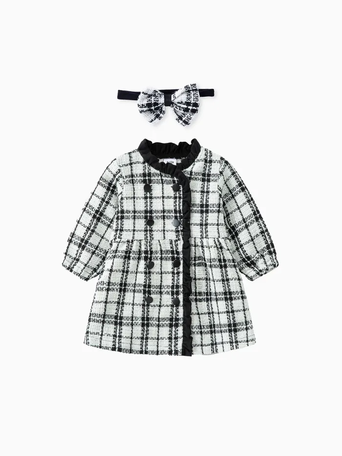 Baby Girl Plaid Print Open Button Design Dress with Headband