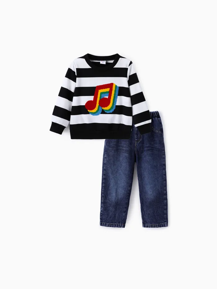 Toddler Boy 2pcs Towel Embroidery Stripe Sweatshirt and Jeans Set