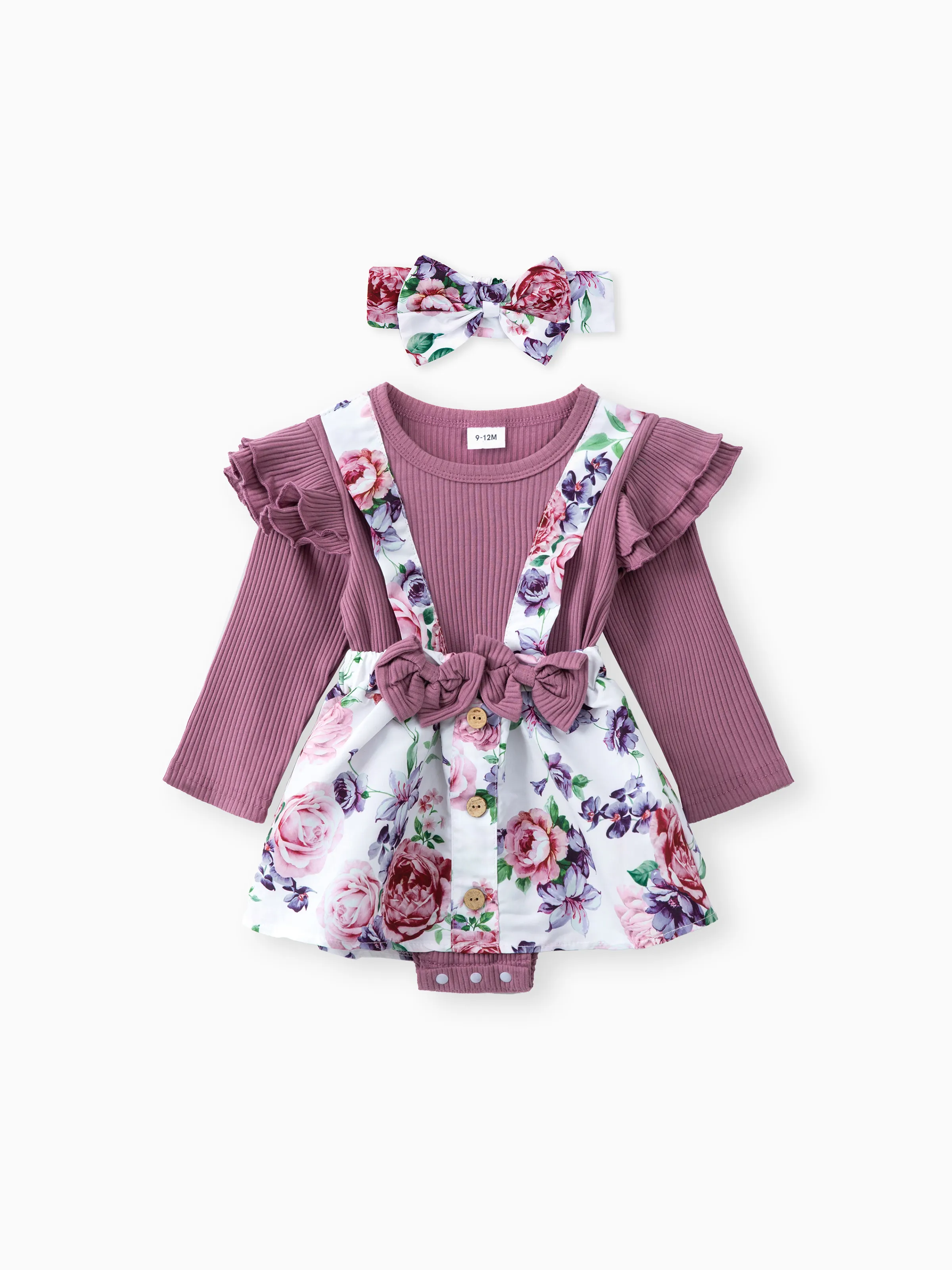 

2pcs Baby Floral Print Ribbed Ruffle Long-sleeve Faux-two Romper Dress Set