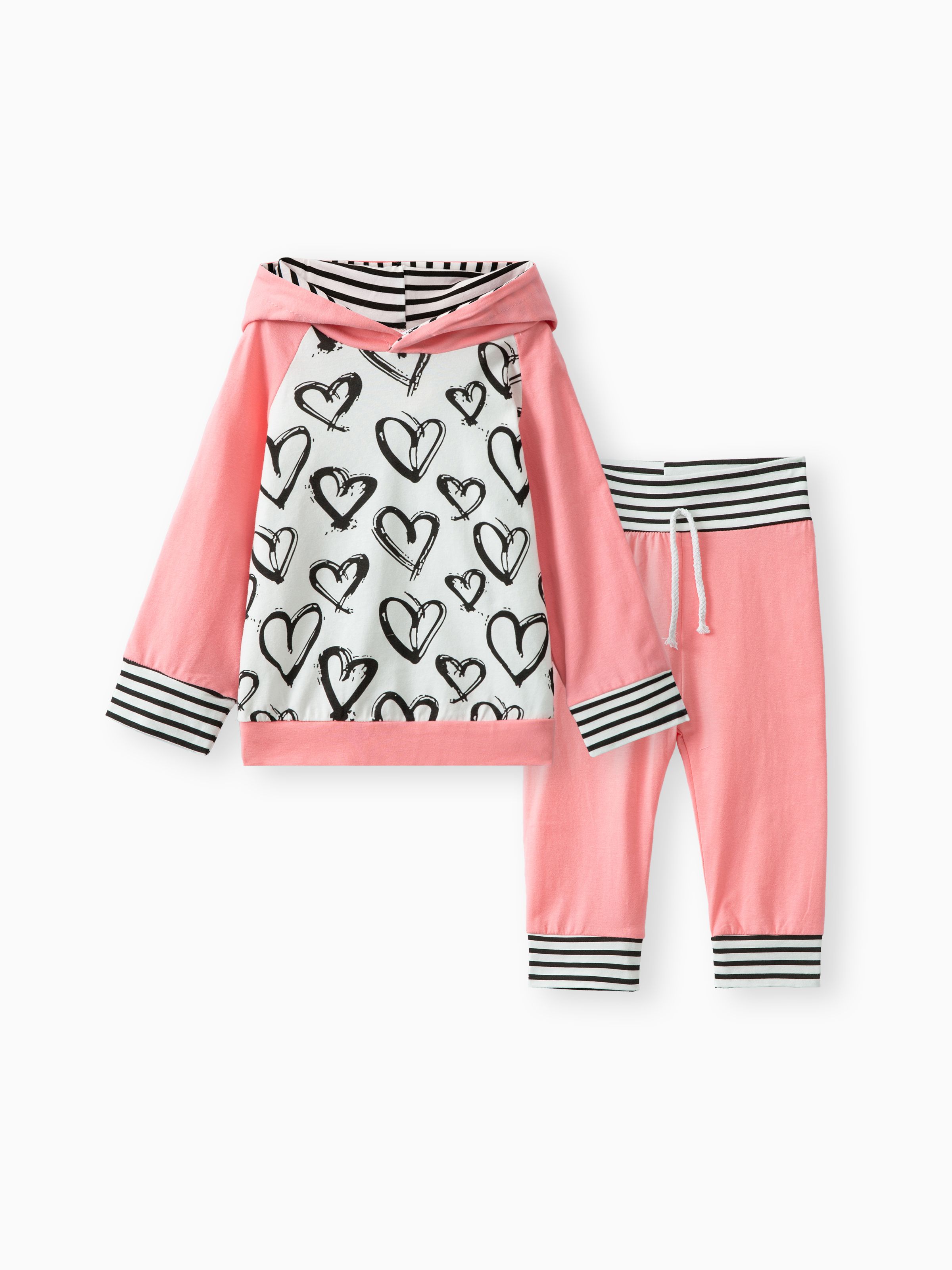 

2pcs Heart and Striped Print Hooded Long-sleeve Pink Baby Set