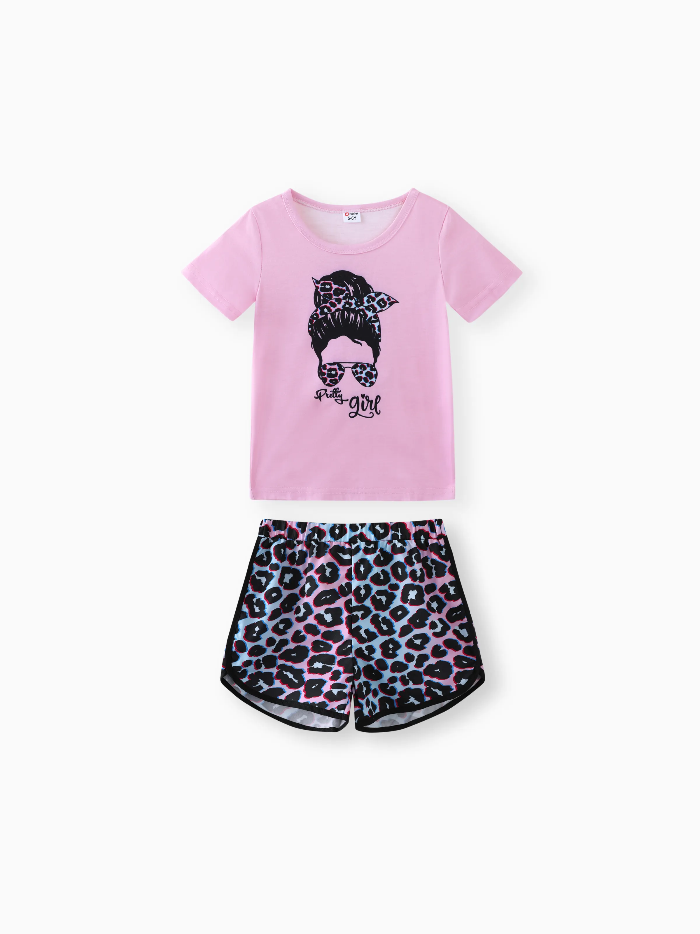 2pcs Kid Girl Figure Print Short-sleeve Tee and Leopard Print Shorts Set