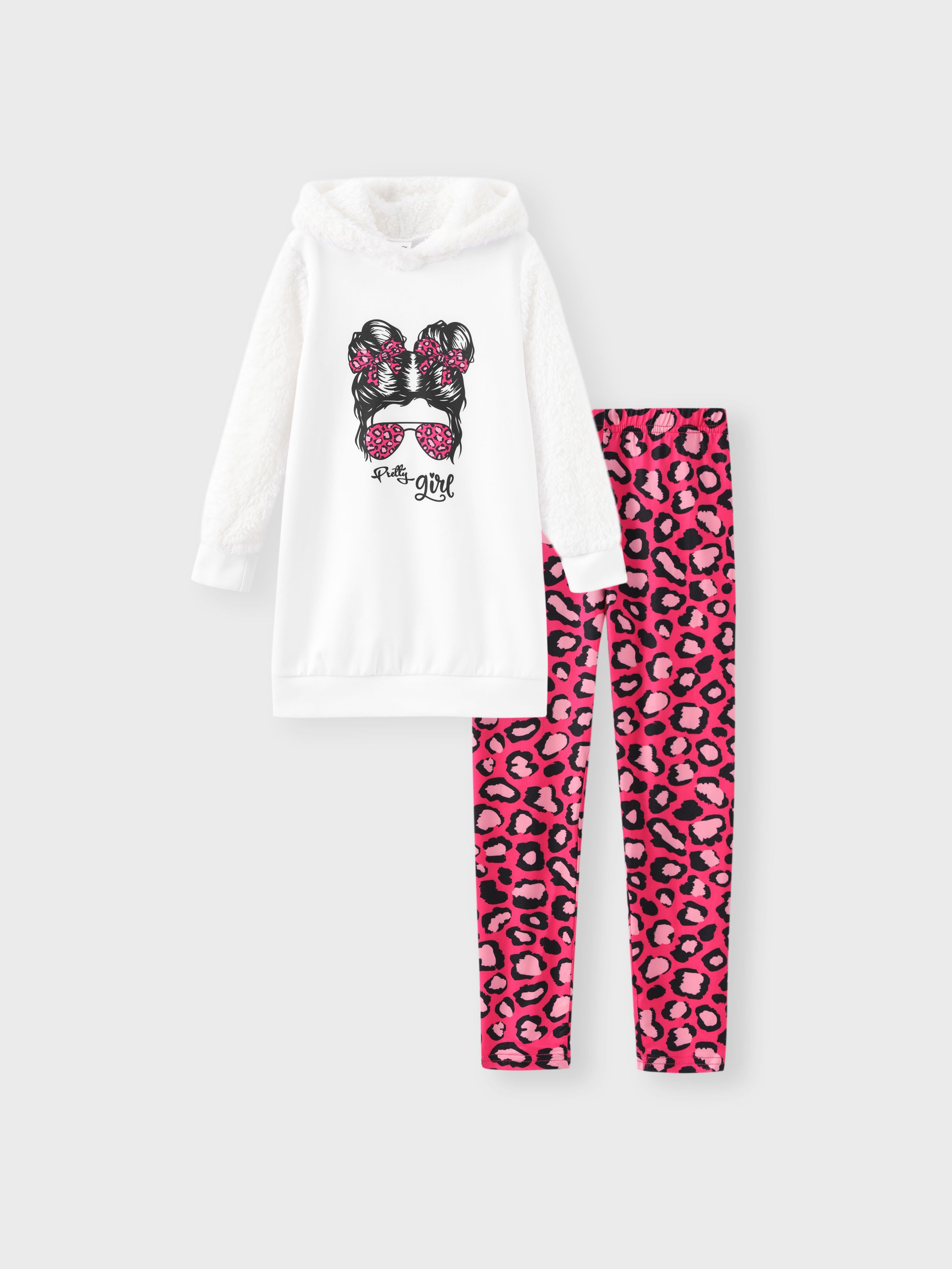 

2pcs Kid Girl Character Print Fleece Splice Goodie Sweatshirt and Leopard Print Leggings Set