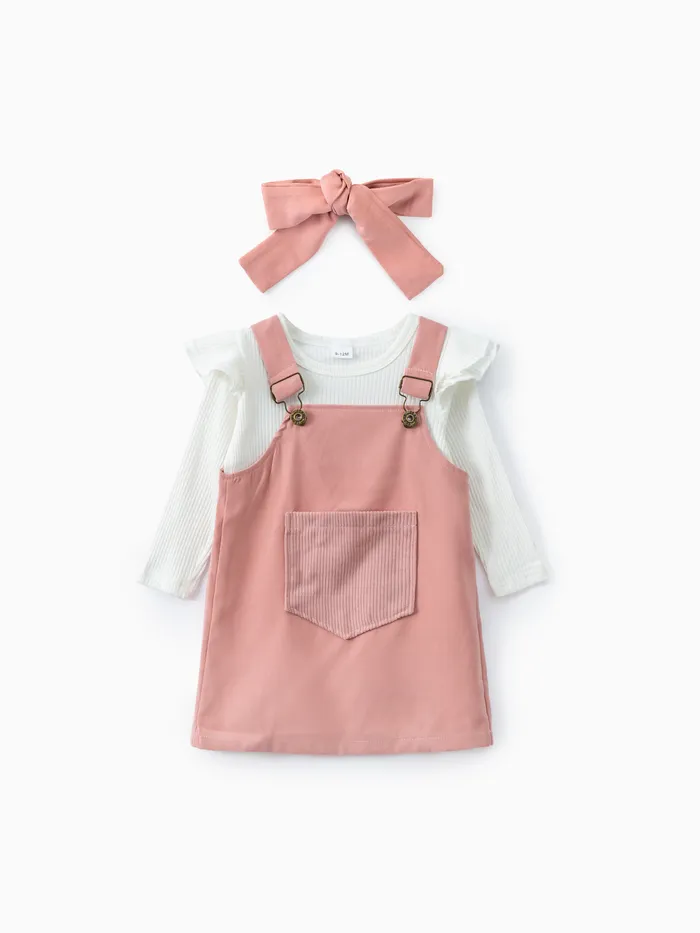 3pcs Baby Girl 95% Cotton Ribbed Long-sleeve Romper and Solid Suspender Dress with Headband Set