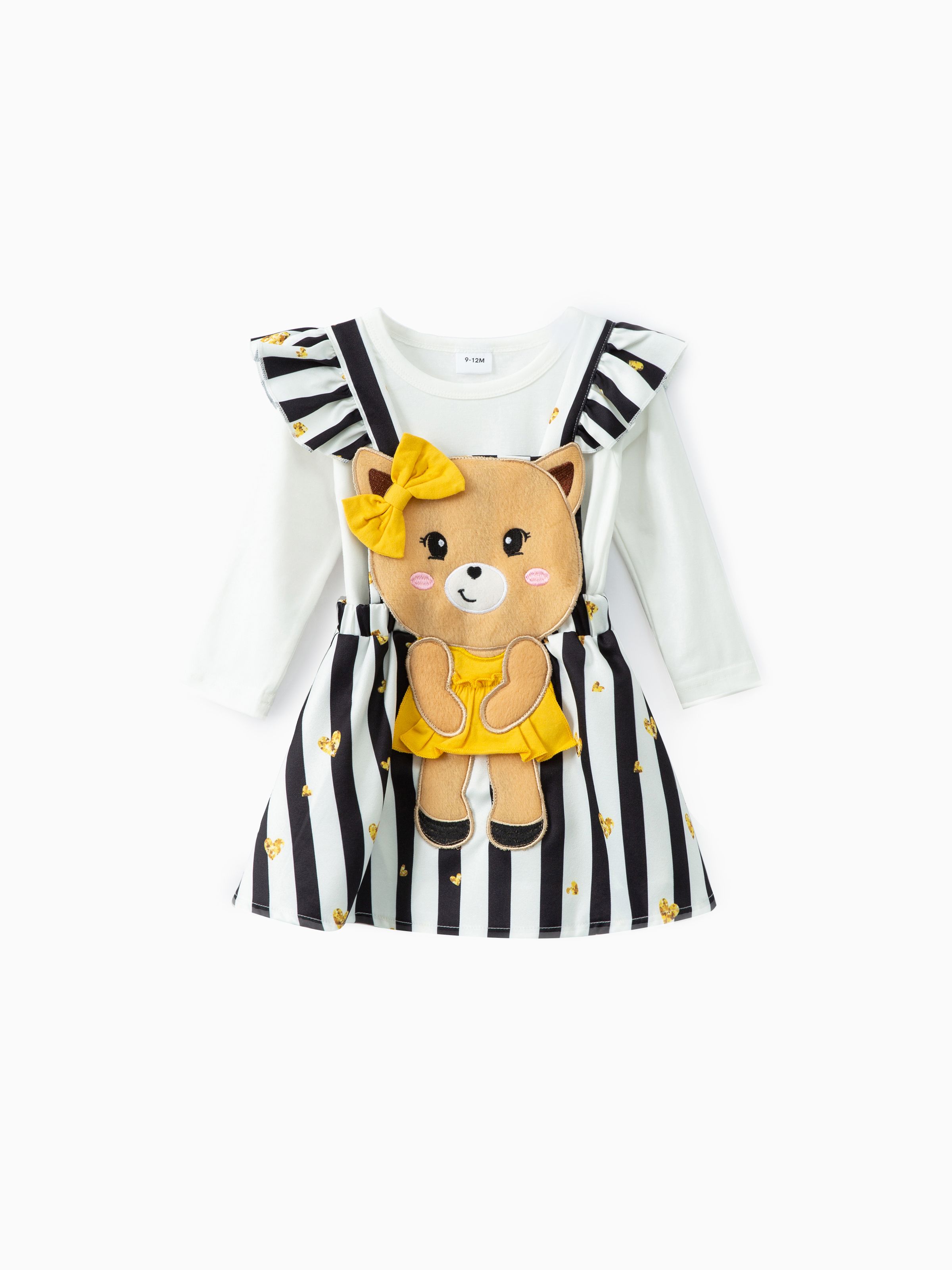 

3pcs Baby Girl Stripe Bear Pattern Hyper-Tactile 3D Design Bow Suit Dress