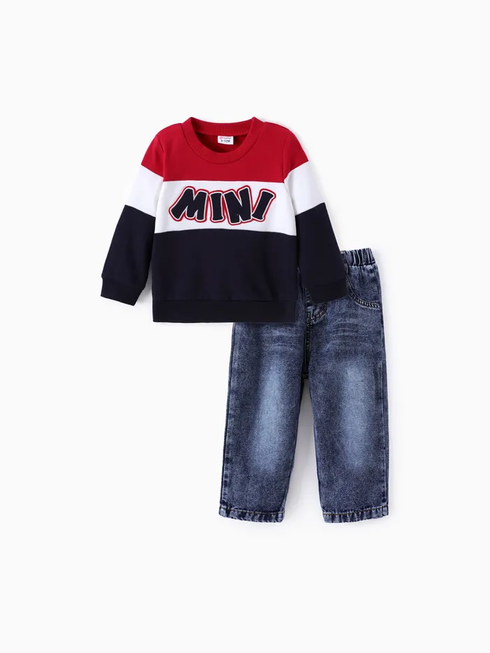 Conjunto de Moletom Bordado com Toalha e Calças Jeans para Bebê Menino 2pcs