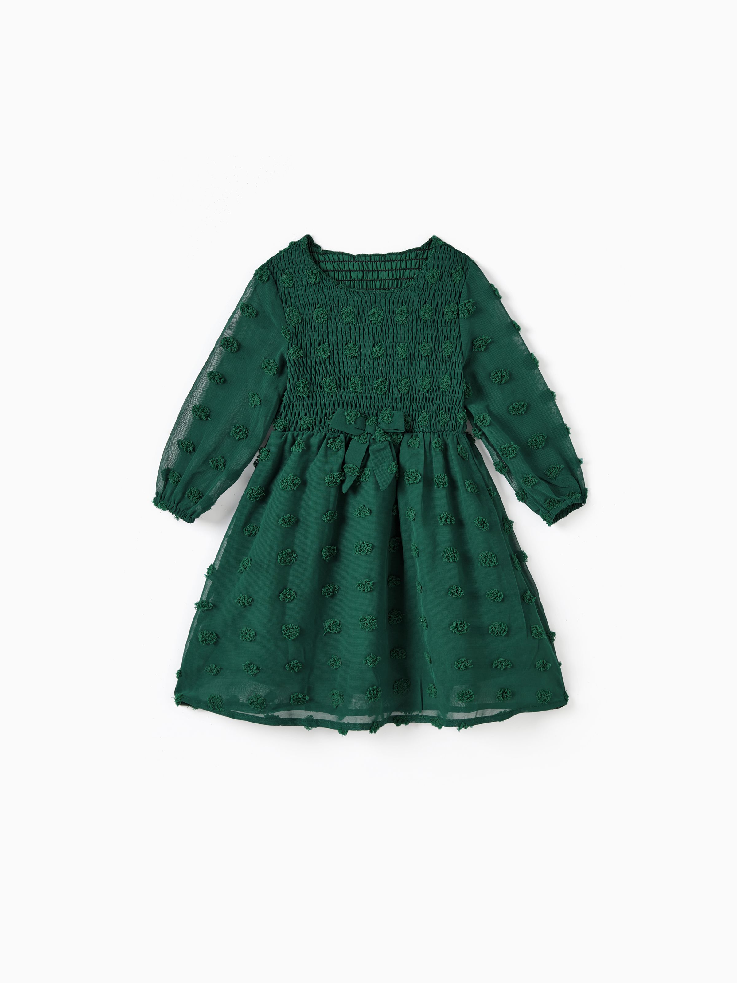 

Mommy and Me Wedding Green Swiss Dots Long Sleeves Smocked Design Dresses