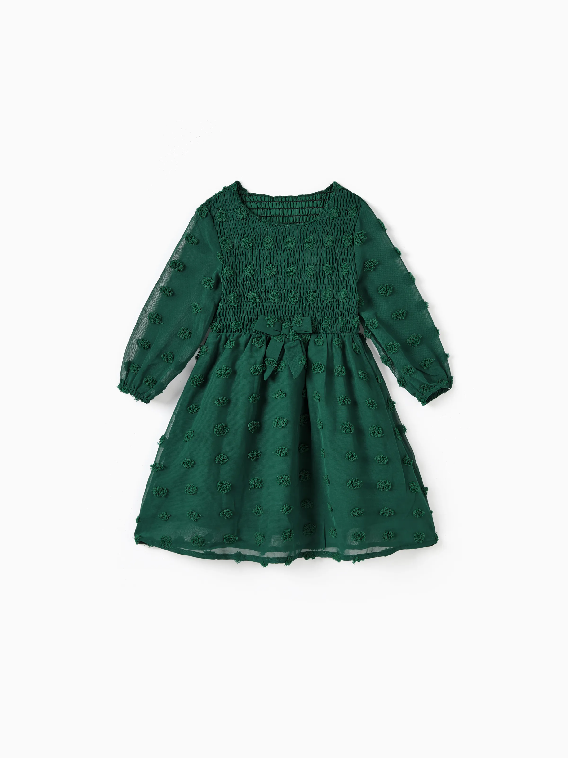 Mamá y yo boda verde puntos suizos mangas largas vestidos de diseño fruncido