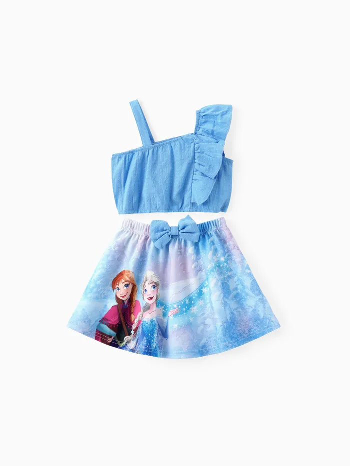 Disney Frozen Toddler Girls 2pcs Personnage Imprimé Bowknot Épaules Dénudées Manches Volantées Top avec Jupe Ensemble