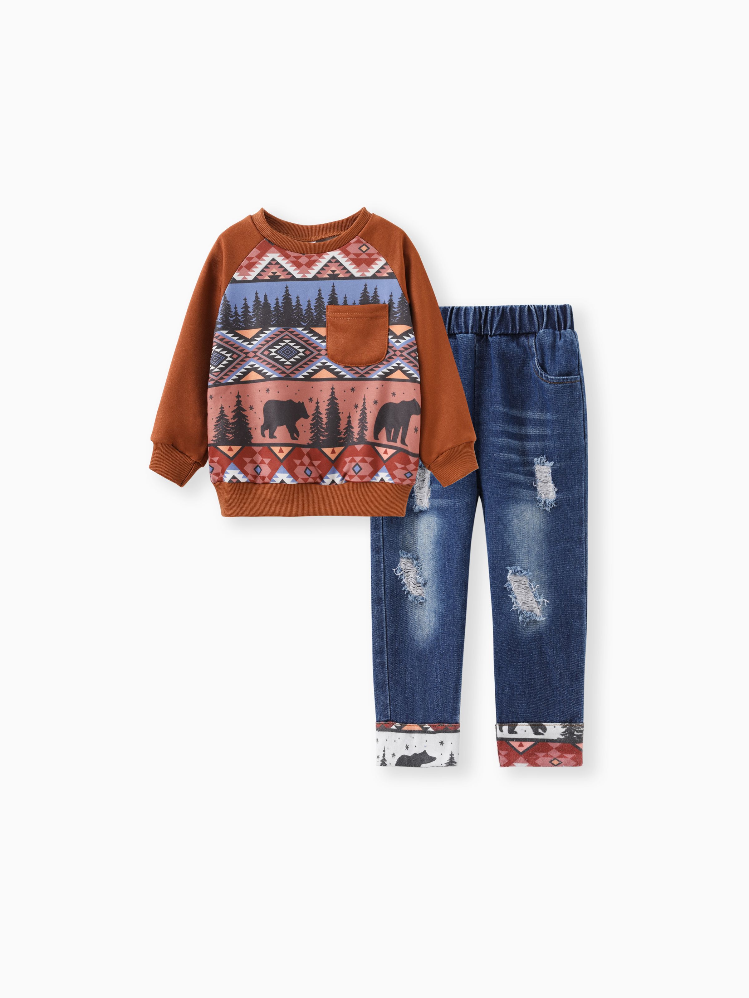 

Toddler Boy 2pcs Ethnic Geometry Print Sweatshirt and Denim Ripped Jeans Set