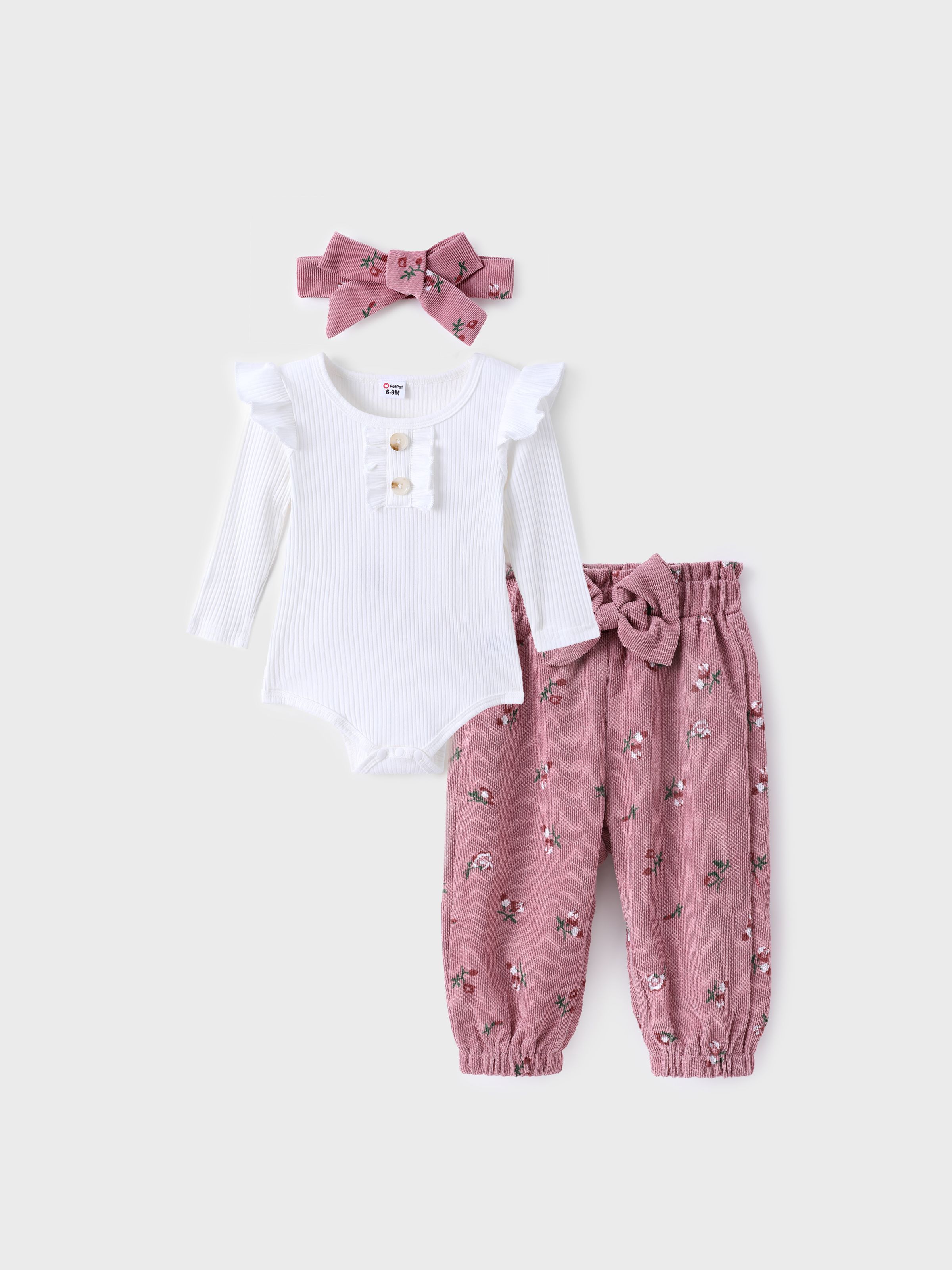 

Baby Girl 3pcs Flutter-sleeve Romper and Floral Pants with Headband Set