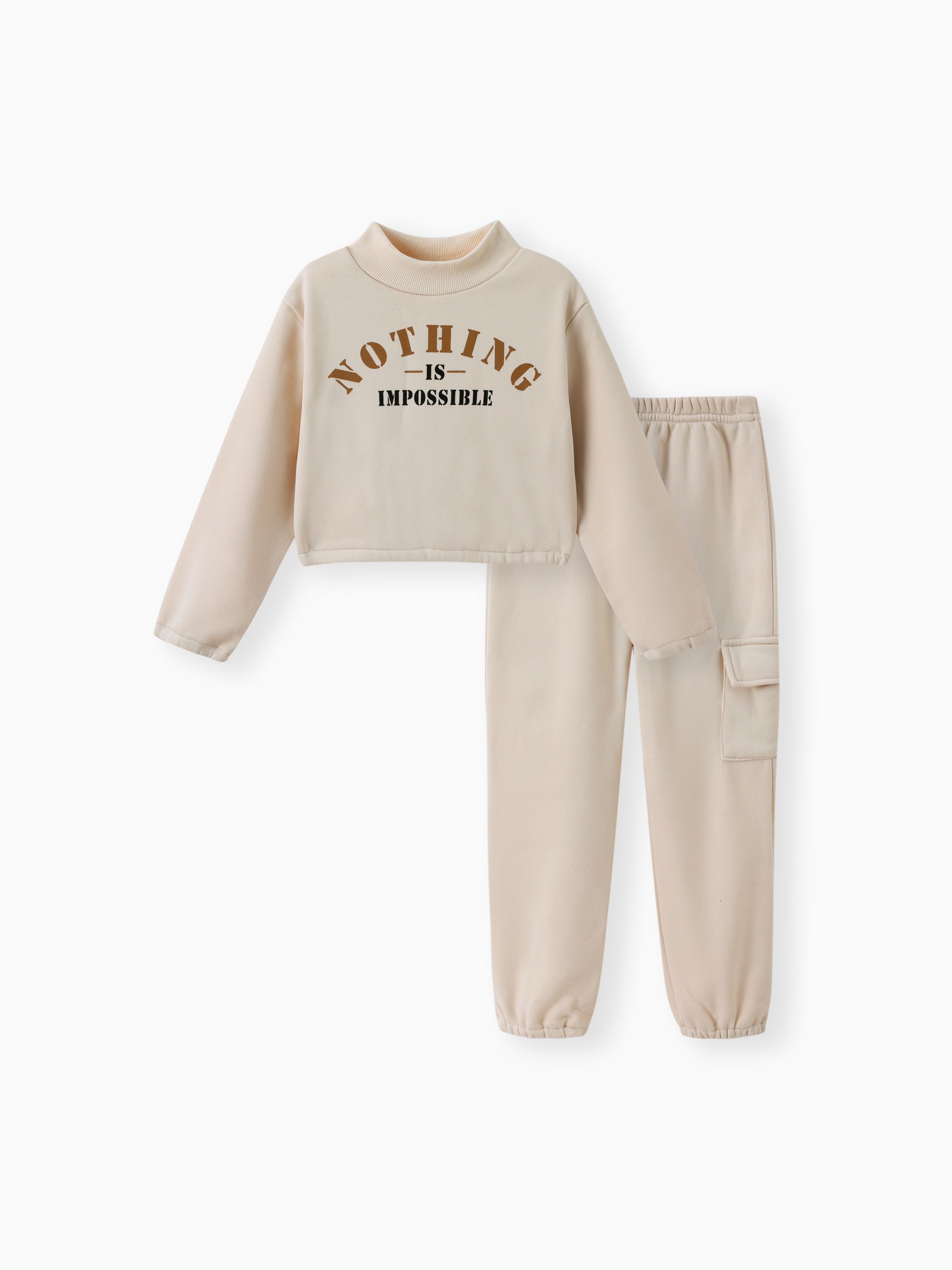 

2-piece Kid Girl Letter Print Mock Neck Drop Shoulder Long-sleeve Thermal Lined Sweatshirt and Sweatpants Set