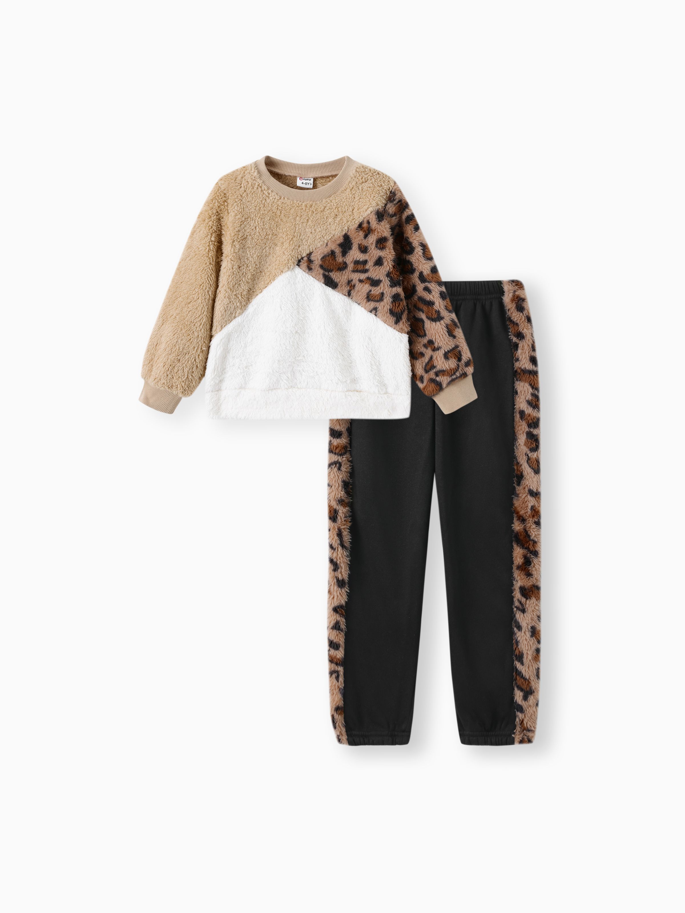 

2-piece Kid Girl Leopard Print Colorblock Fuzzy Pullover Sweatshirt and Fleece Lined Pants Casual Set