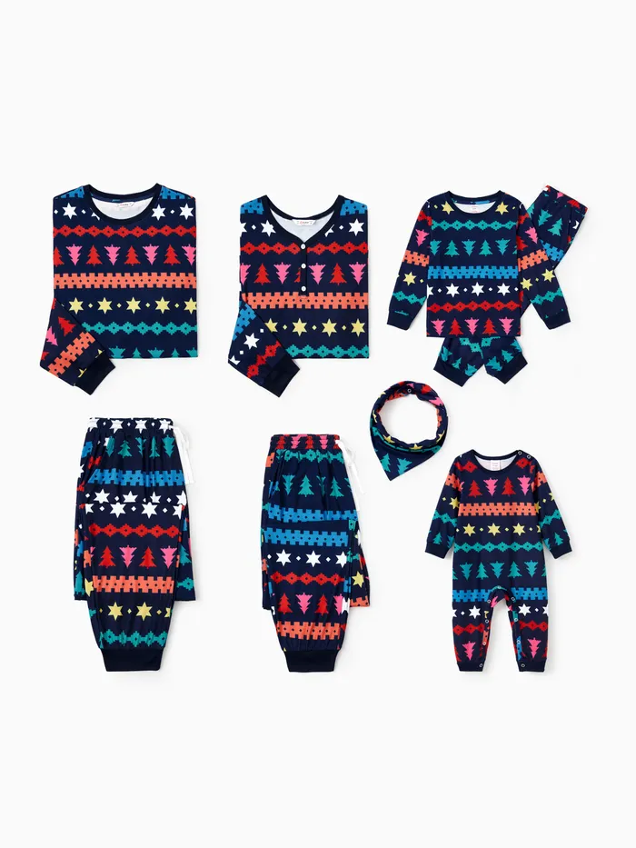 Christmas Family Matching Allover Xmas Tree/Star/Fair Isle Pattern Pajamas Sets with Drawstring and Pockets 