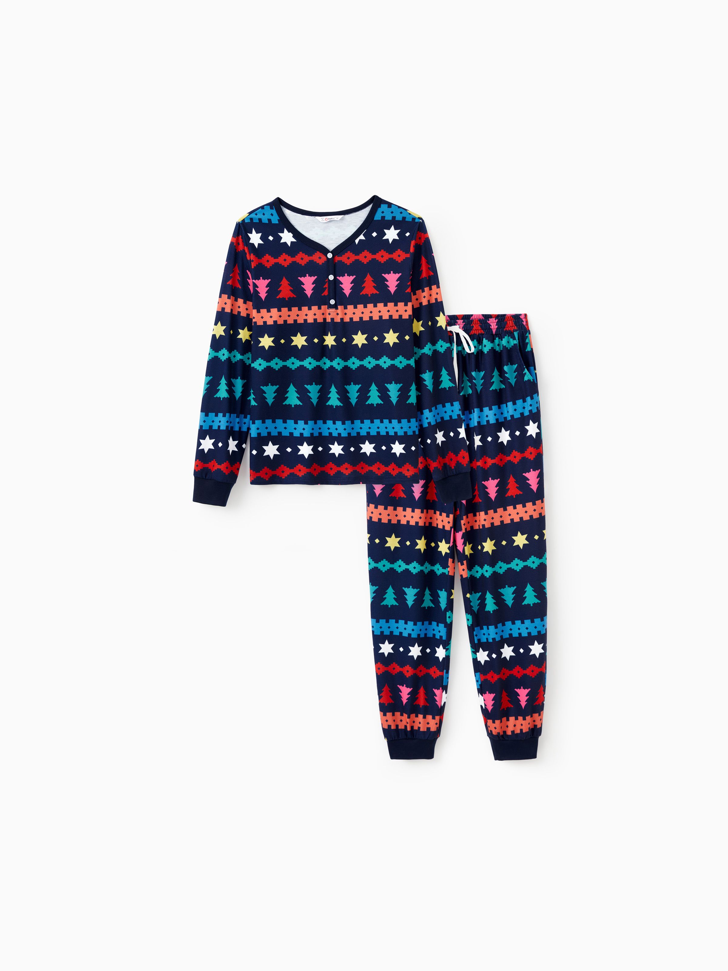 

Christmas Family Matching Allover Xmas Tree/Star/Fair Isle Pattern Pajamas Sets with Drawstring and Pockets (Flame Resistant)