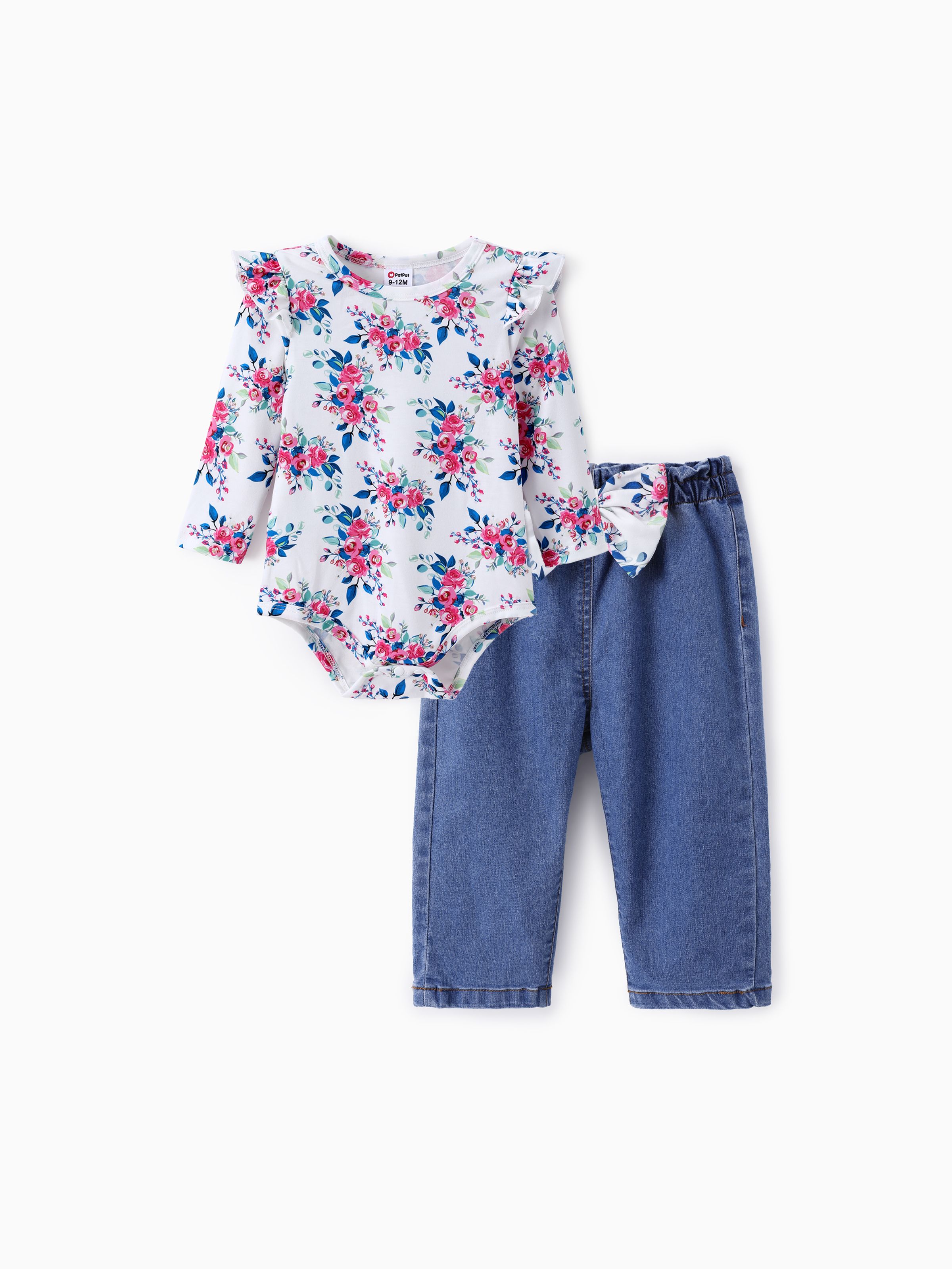 

Baby Girl 2pcs Floral Romper and Denim Jeans Set