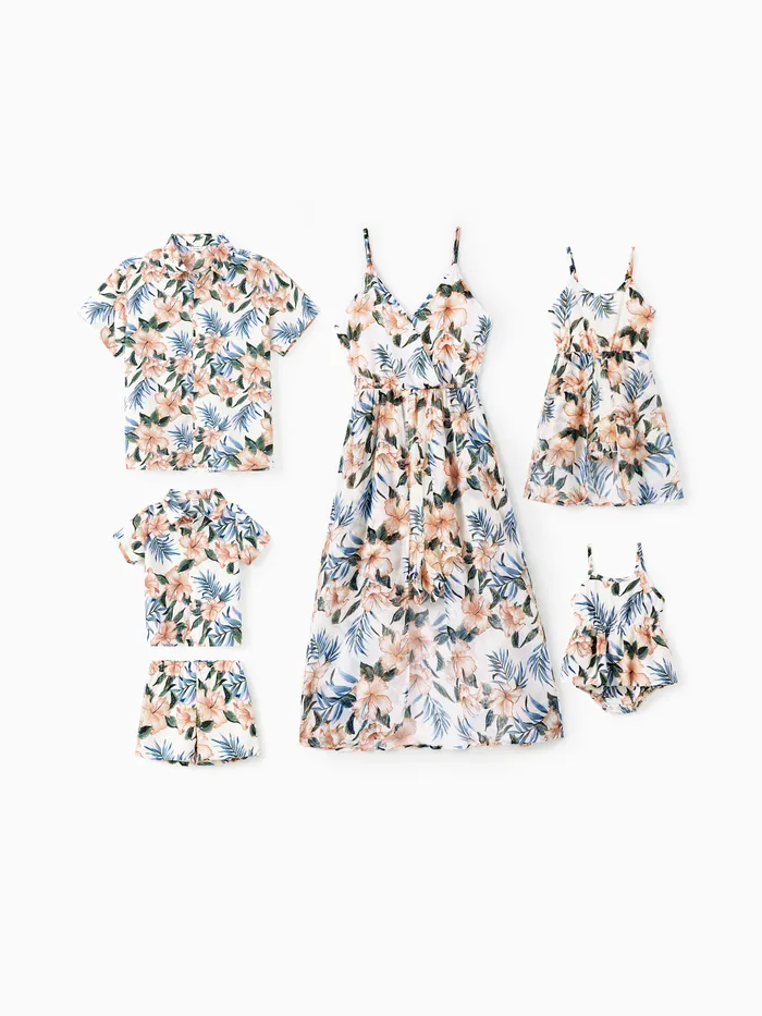 Family Matching Sets Floral Beach Shirt or V-Neck Strap Romper with Longline Skirt