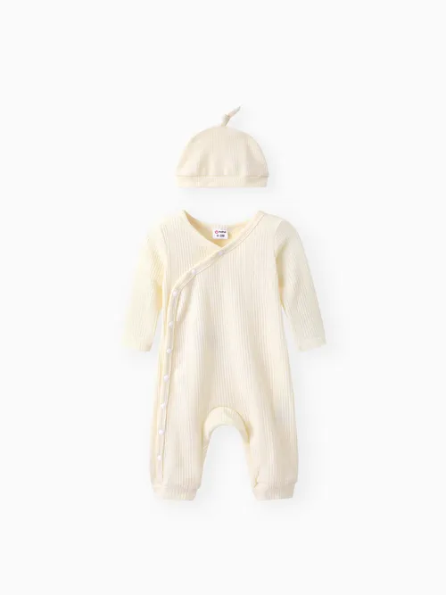 

2pcs Baby Boy/Girl Solid Rib Knit Button Front Long-sleeve Jumpsuit with Hat Set