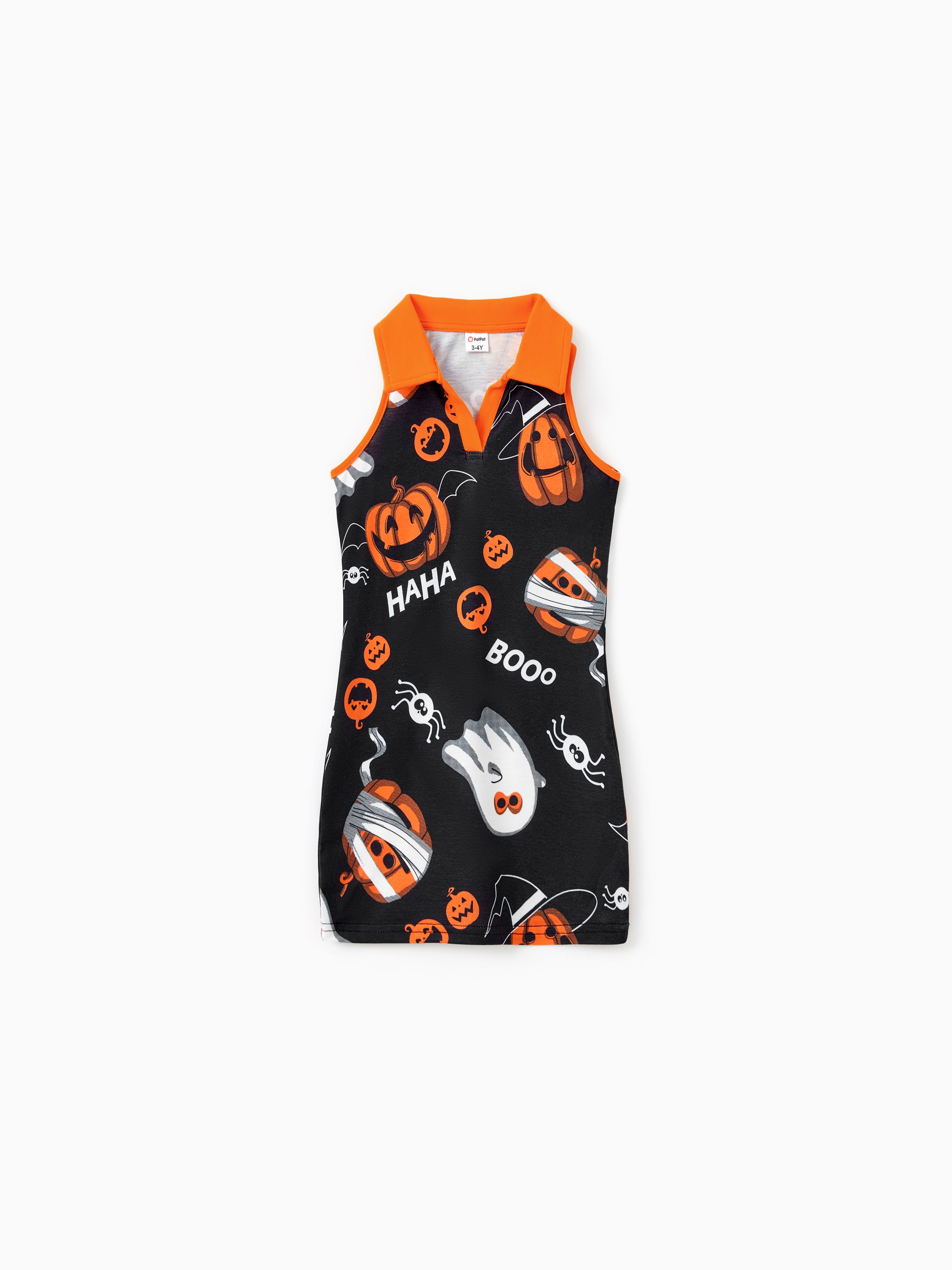 

Halloween Family Matching Sets Allover Pumpkin Ghost Spiderweb Pattern Polo Shirt or Ruched Sleeveless Dress