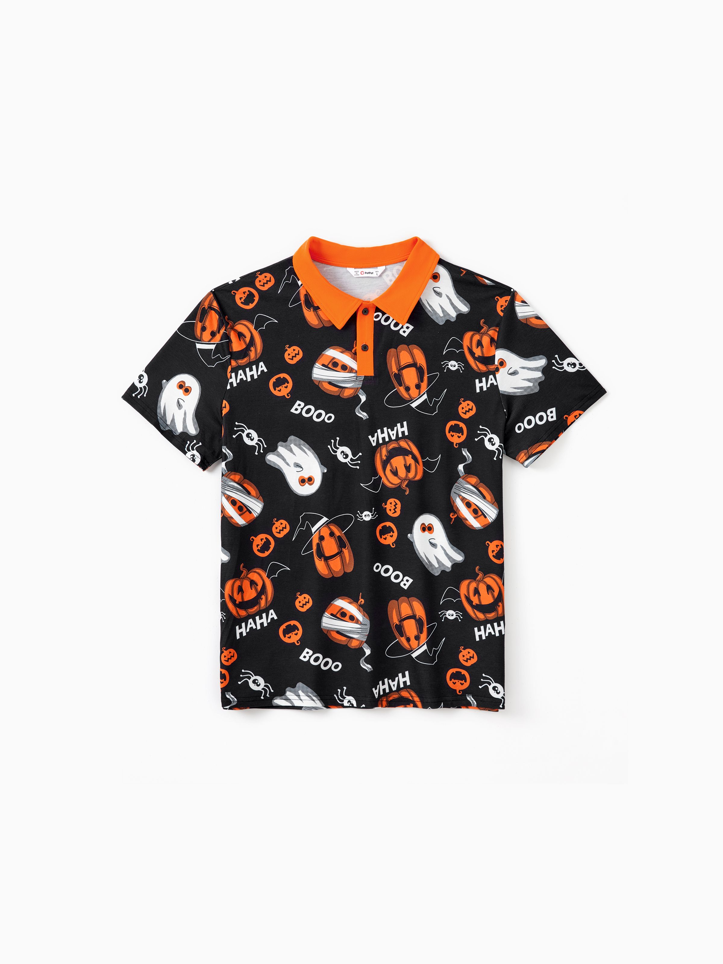 

Halloween Family Matching Sets Allover Pumpkin Ghost Spiderweb Pattern Polo Shirt or Ruched Sleeveless Dress