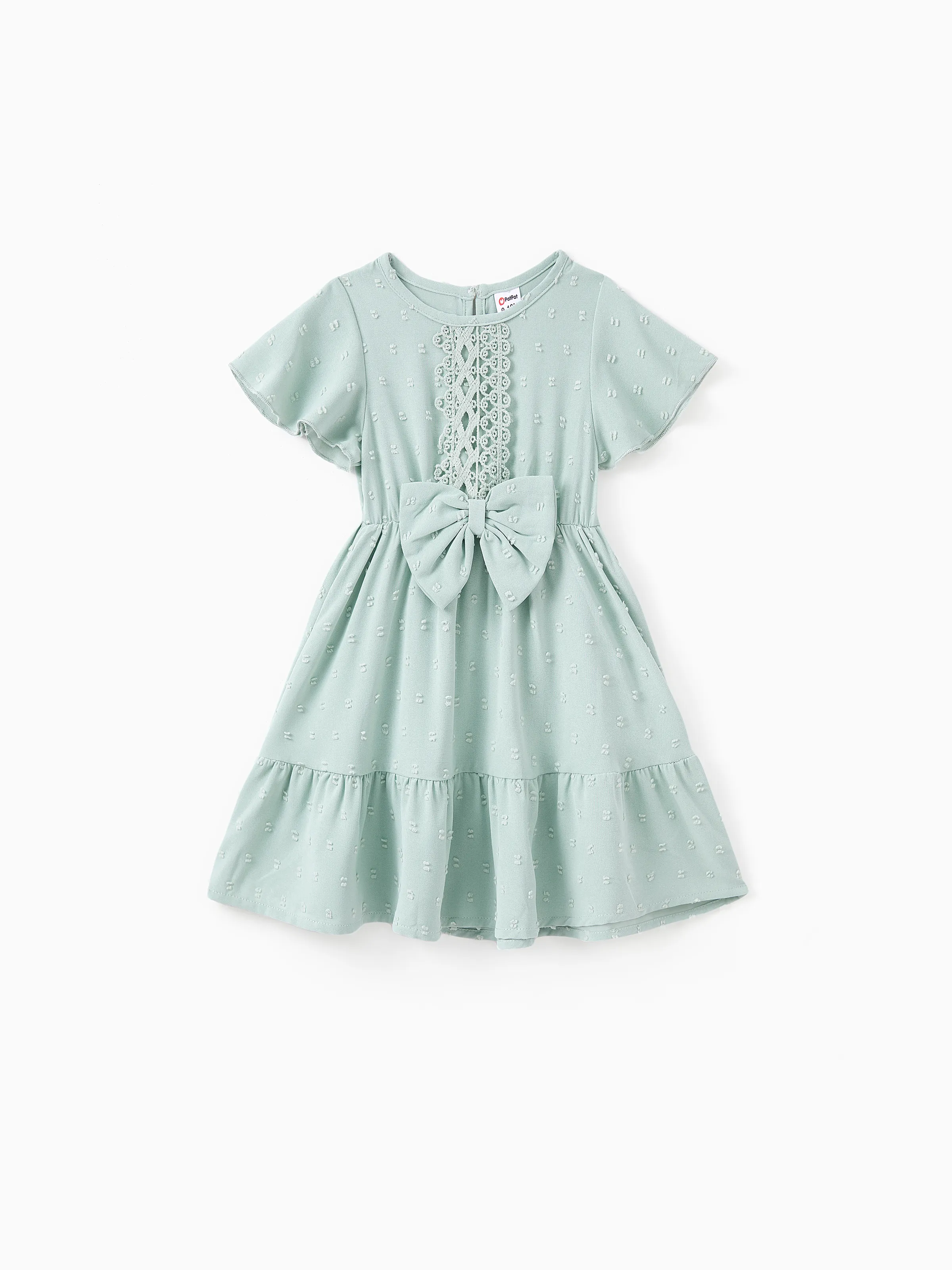 

Mommy and Me Green Swiss Dots Lace Trim Tiered Ruffle Hem Dresses with Hidden Snap