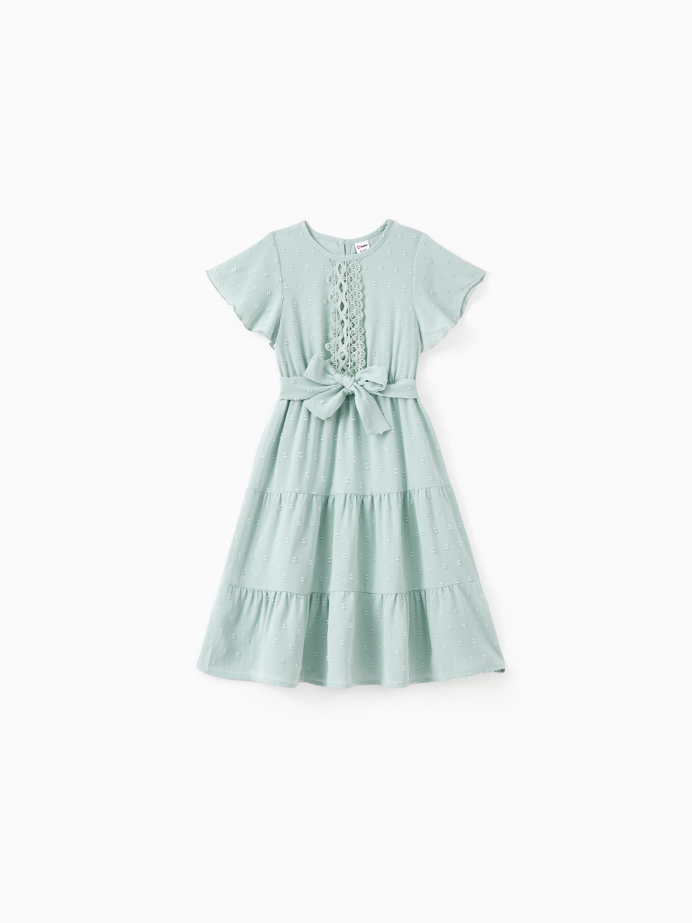 

Mommy and Me Green Swiss Dots Lace Trim Tiered Ruffle Hem Dresses with Hidden Snap