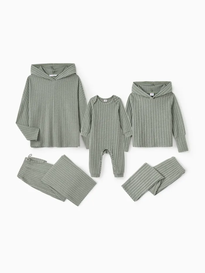 Family Matching Two-Piece Ribbed Knit Grayish Green Hooded Sets with Drawstring