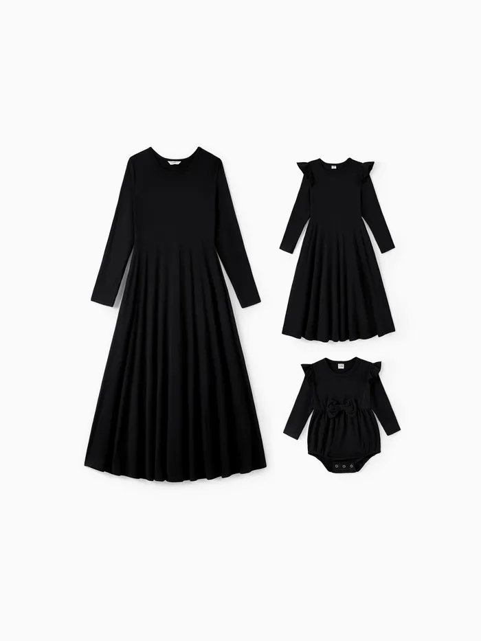 Mommy and Me Dresses Black - Long Sleeves Flowy Ruffle Bottom Dresses with Pockets