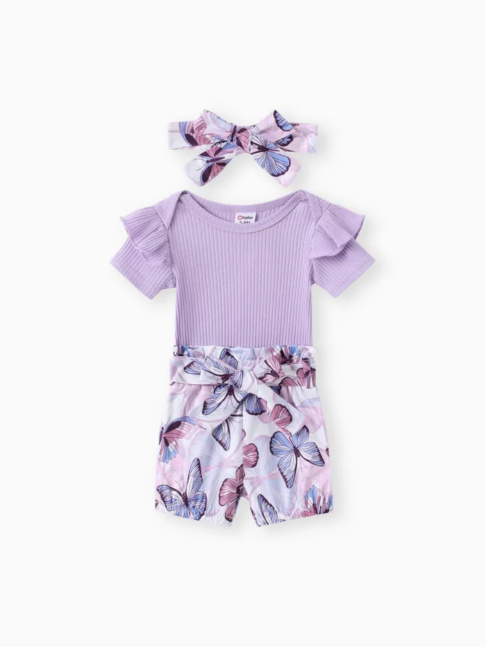 3pcs Baby Girl Ribbed Romper & Belted Shorts & Headband Set