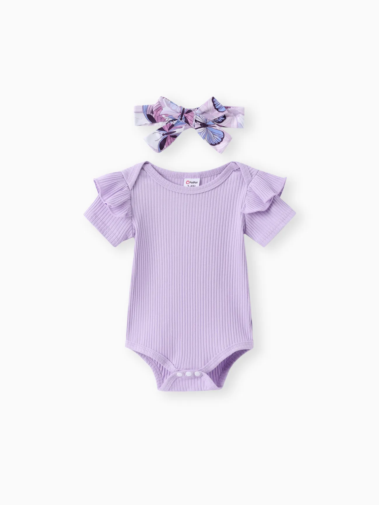 Purple - 3pcs Baby Girl Ribbed Romper & Belted Shorts & Headband Set - image 2