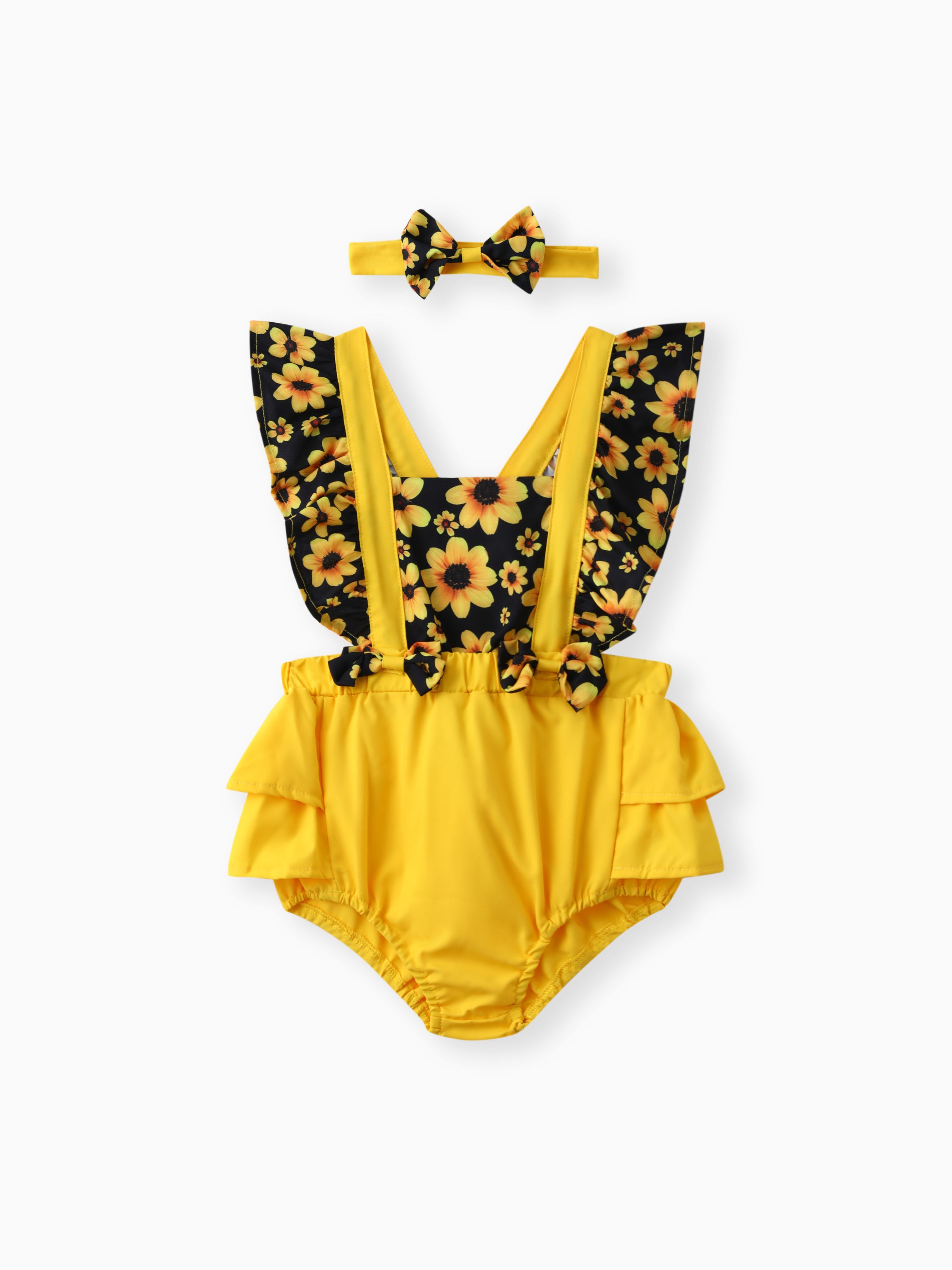 

2pcs Baby Girl Sunflower Floral Print Splice Yellow Layered Sleeveless Ruffle Romper with Headband Set