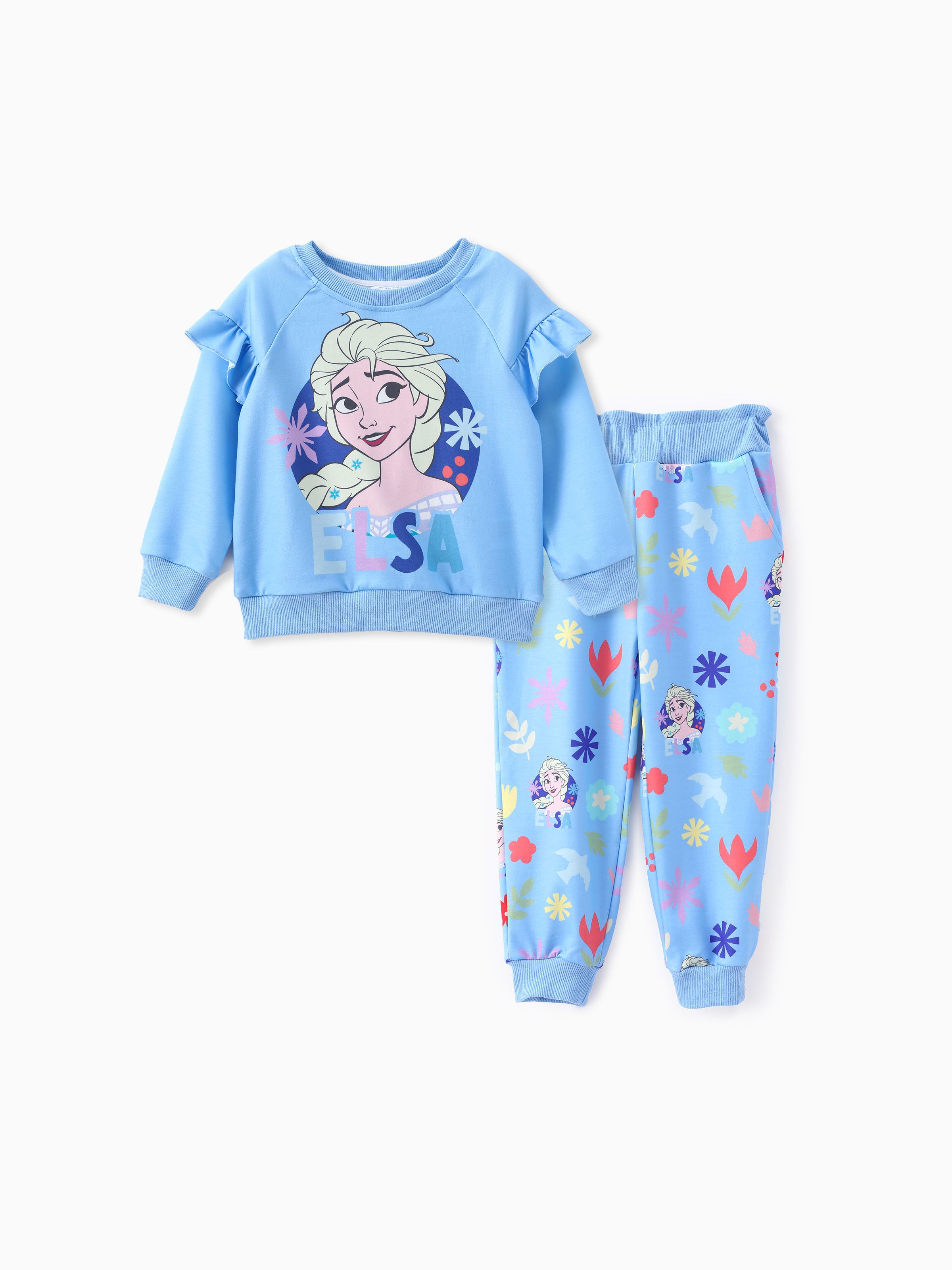 

Disney Frozen Toddler Girl 2pcs Elsa/Anna Floral Ruffle-sleeve Sweatshirt with Jogger Set