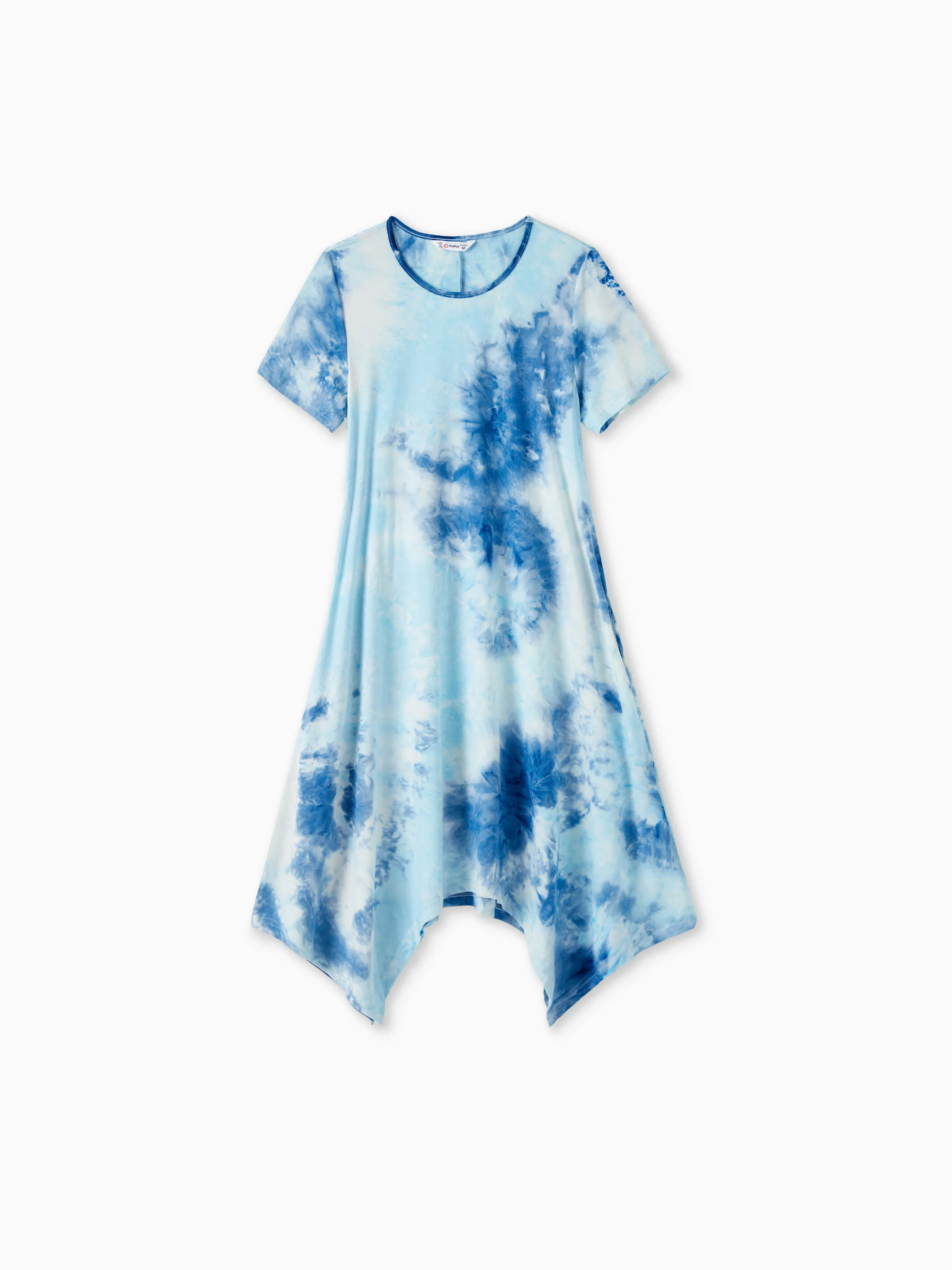 

Family Matching Sets Blue Tie-dyed Round Neck Short Sleeves Tee or Irregular Hem Dress