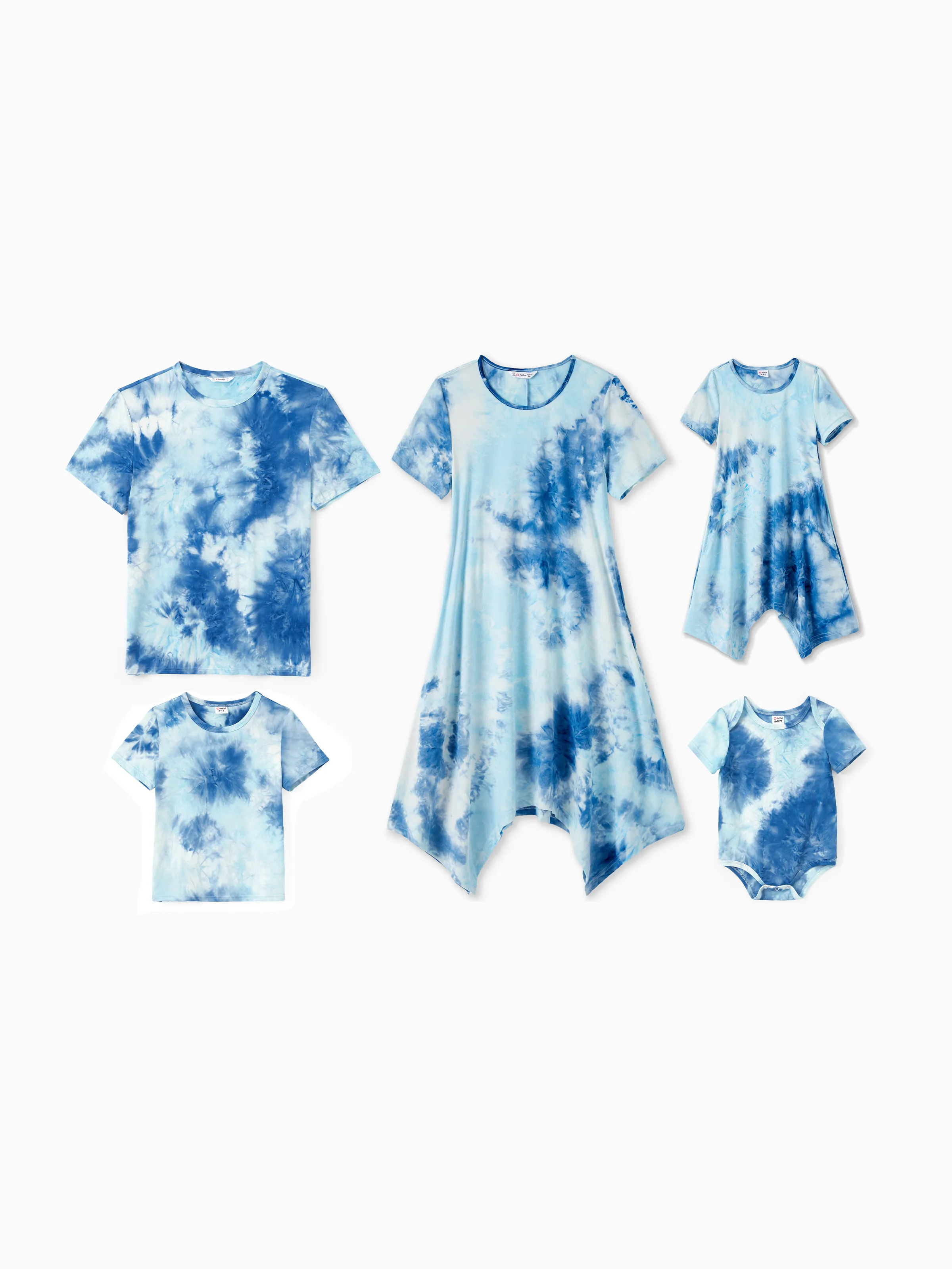 Family Matching Sets Blue Tie-dyed Round Neck Short Sleeves Tee or Irregular Hem Dress