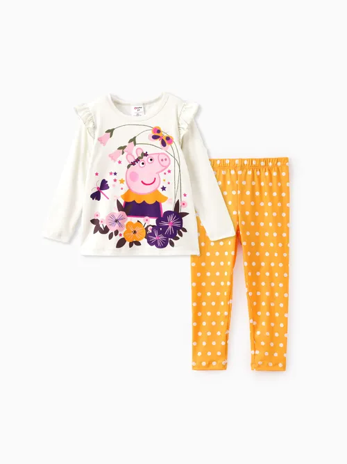 Peppa Pig Niña Pequeña 2pcs Floral Polka Flutter Camiseta de manga larga con conjunto de leggings 