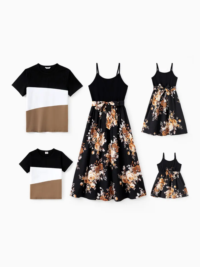 Family Matching Sets Color Block Tee or Cami Top Flower Floral Bottom Strap Dress 