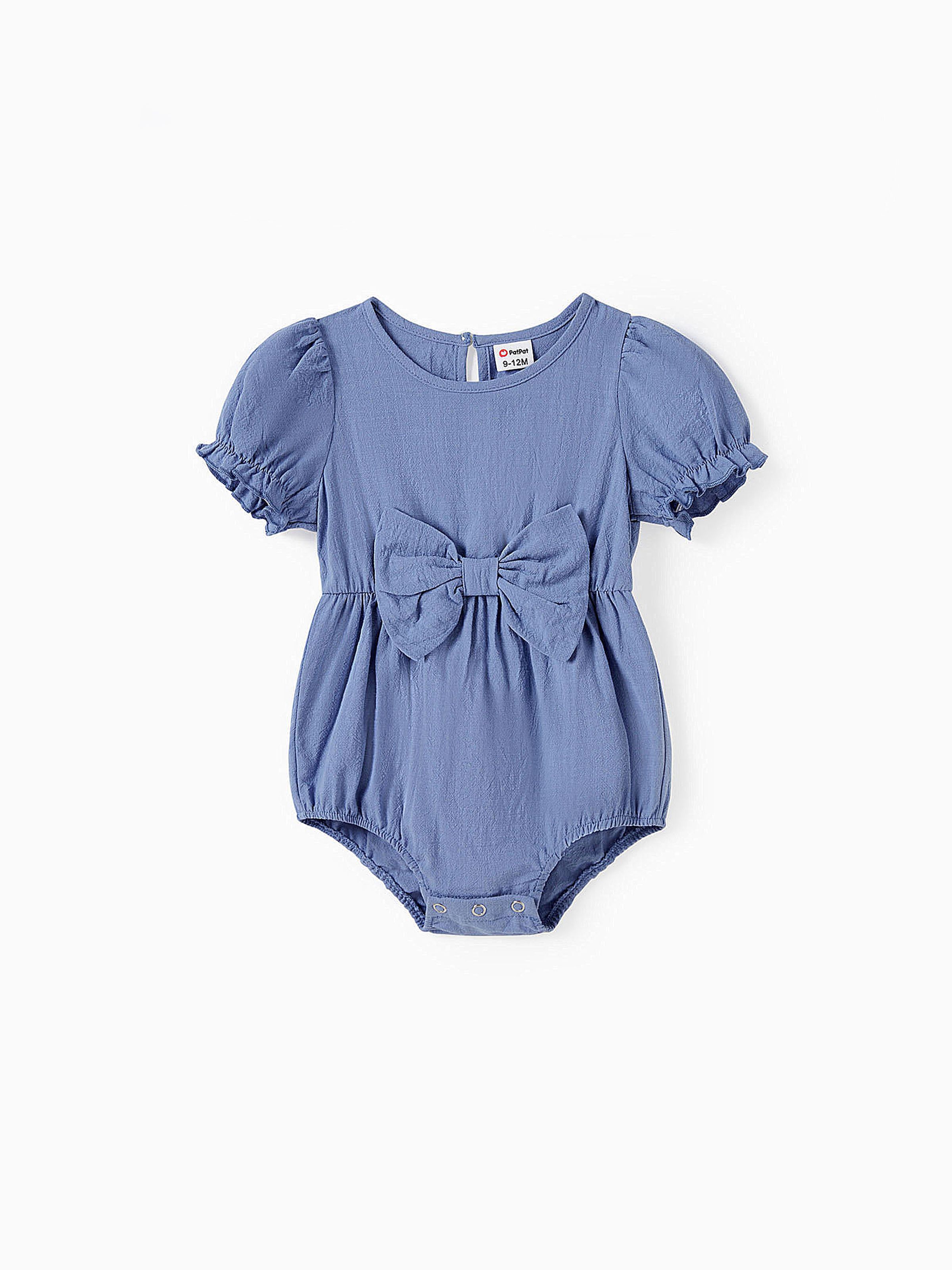 

Mommy and Me Blue Cotton Round Neck Bubble Sleeves Ruffle Hem Dresses