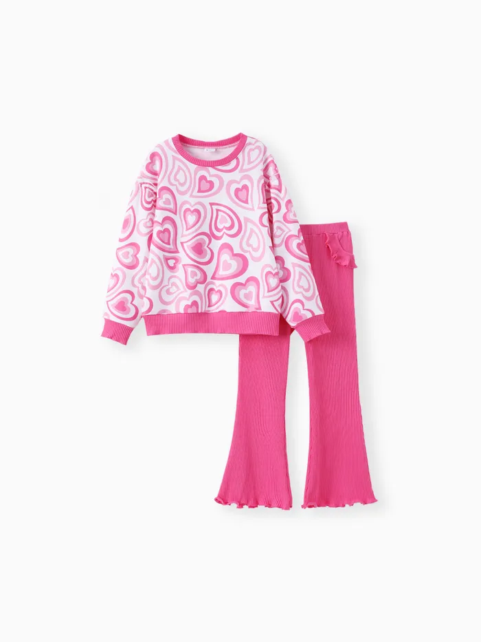 Enfant fille 2pcs Sweat-shirt imprimé coeur et leggings évasés ensemble