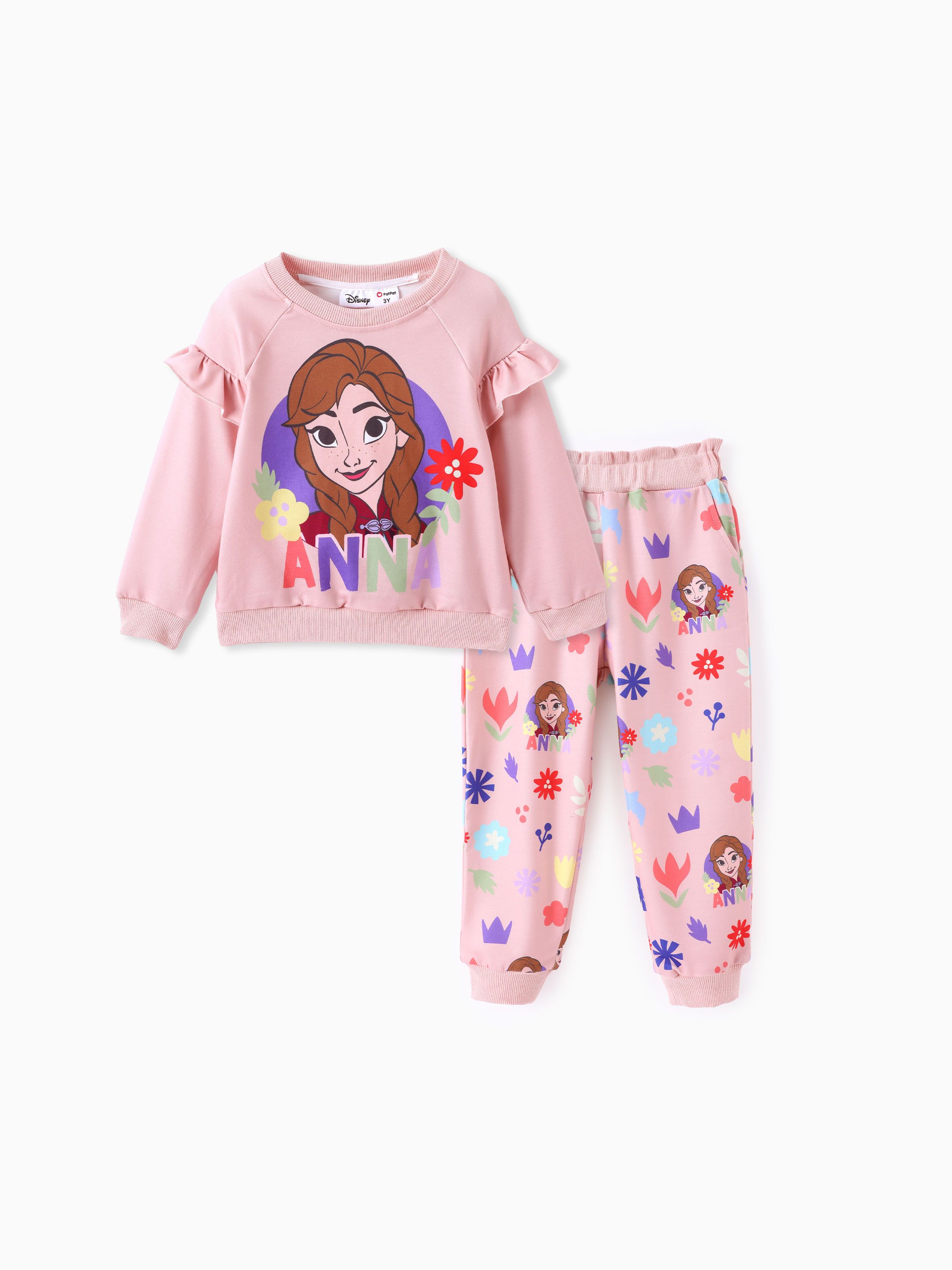 

Disney Frozen Toddler Girl 2pcs Elsa/Anna Floral Ruffle-sleeve Sweatshirt with Jogger Set