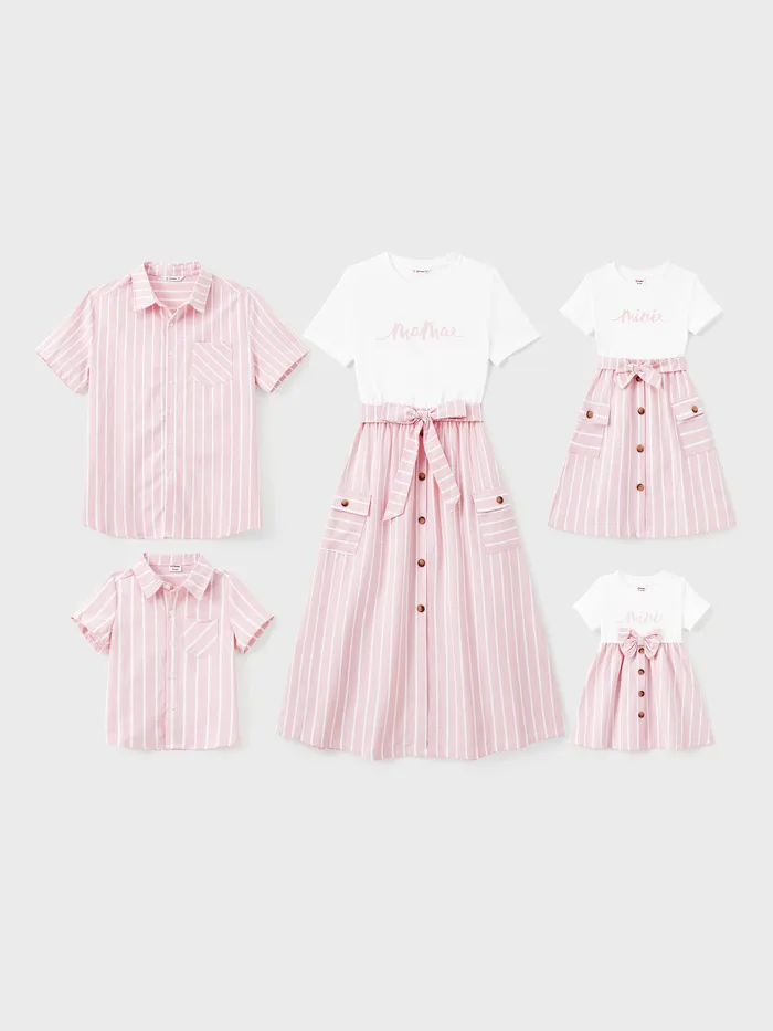 Family Matching Sets Light Pink Striped Shirt or Belted Button Co-ord Set With Pockets 