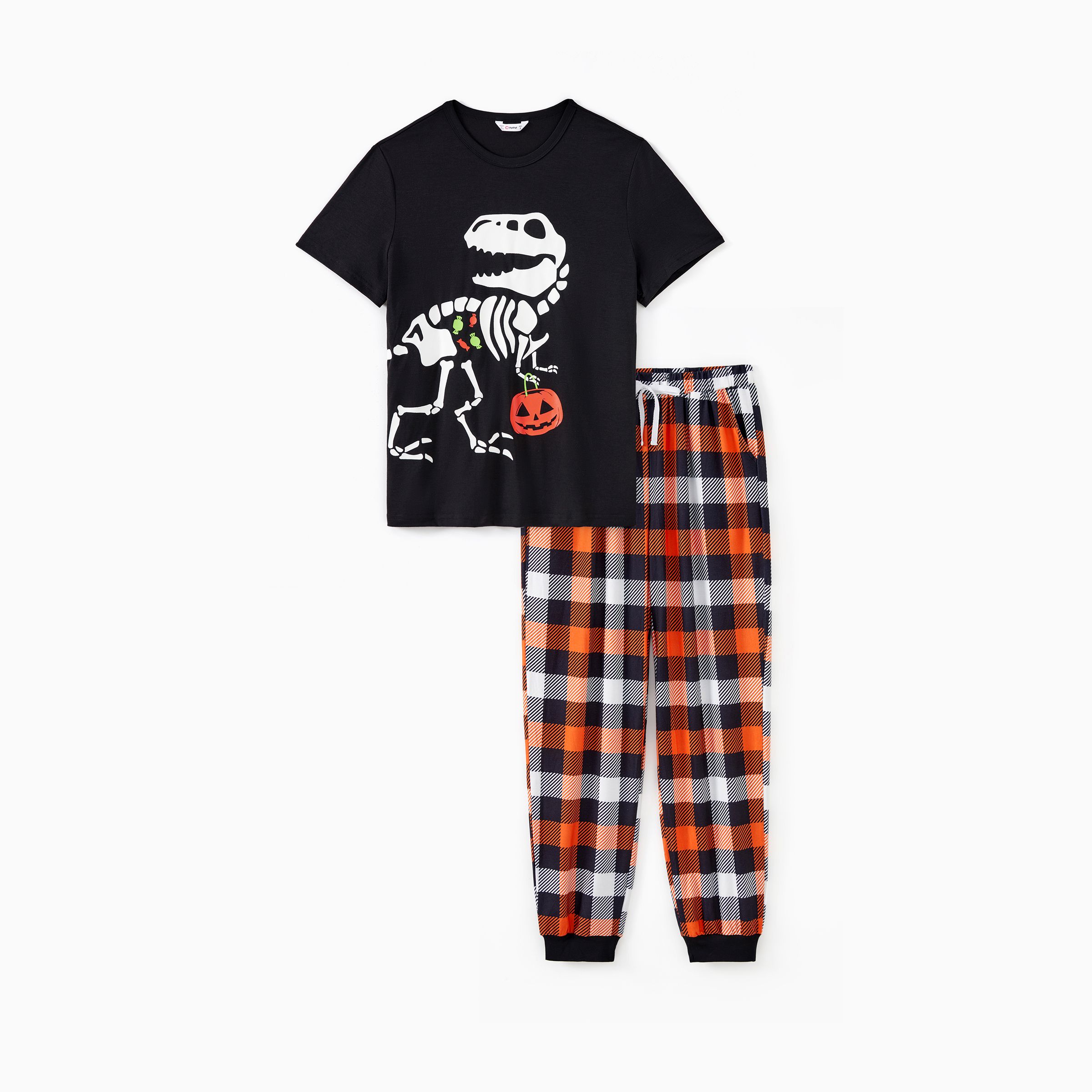 

Halloween Family Matching Glow in the Dark Dinosaur Skeleton Pumpkin Pattern Short Sleeves Top Plaid Pants Pajamas Sets with Pockets (Flame Resistant)