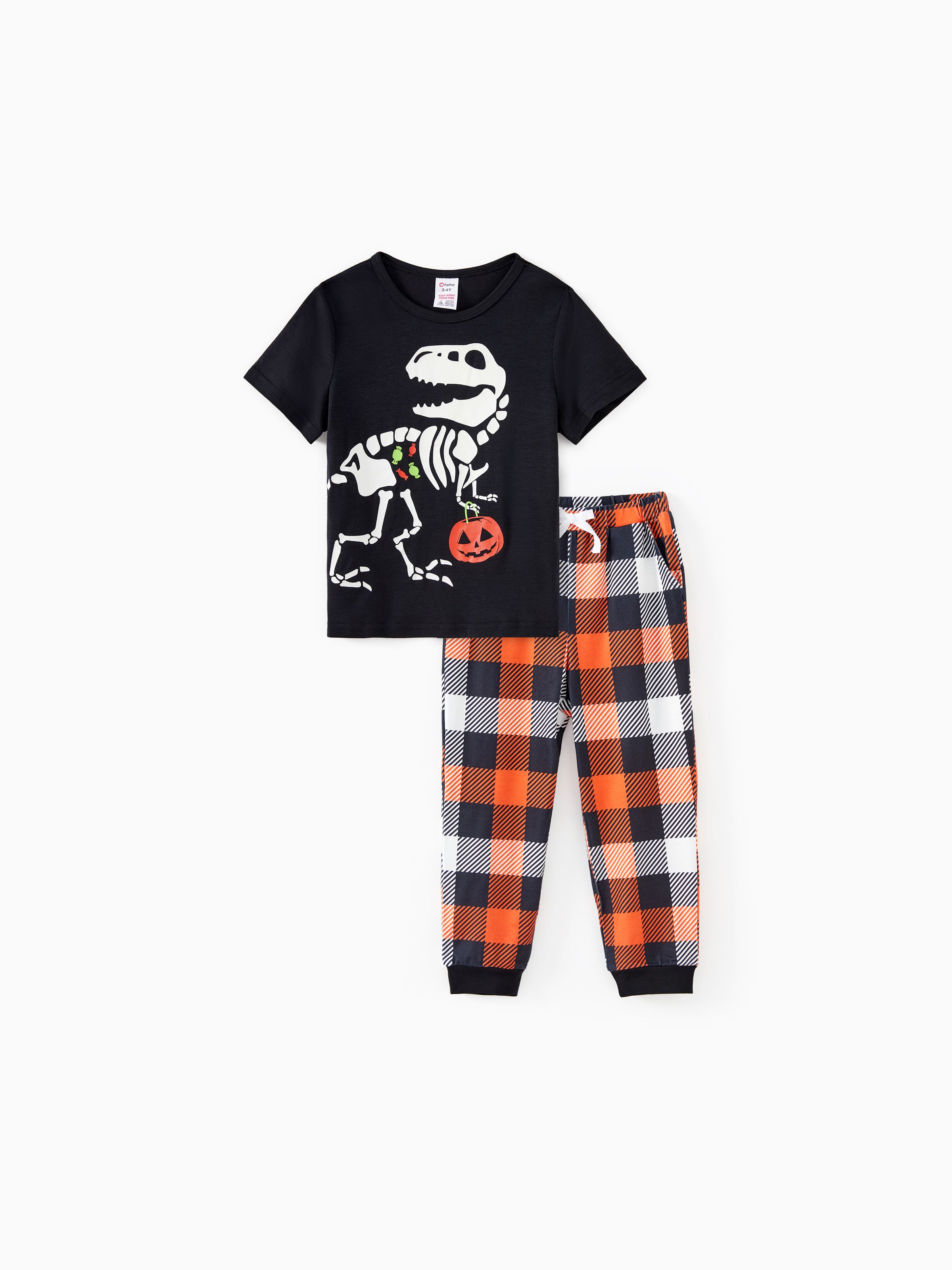 

Halloween Family Matching Glow in the Dark Dinosaur Skeleton Pumpkin Pattern Short Sleeves Top Plaid Pants Pajamas Sets with Pockets (Flame Resistant)