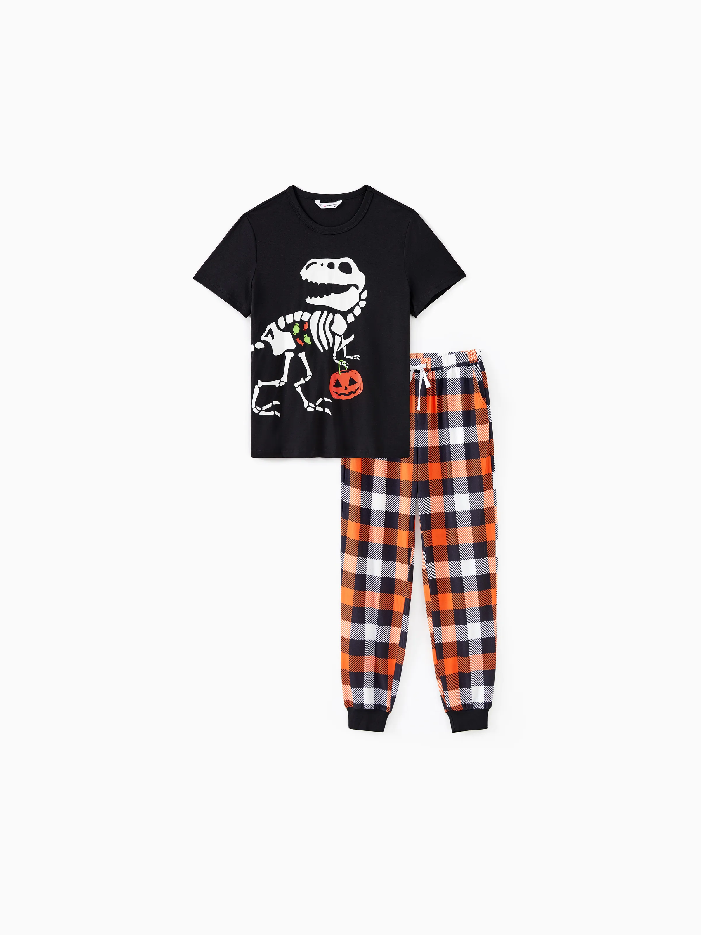 

Halloween Family Matching Glow in the Dark Dinosaur Skeleton Pumpkin Pattern Short Sleeves Top Plaid Pants Pajamas Sets with Pockets