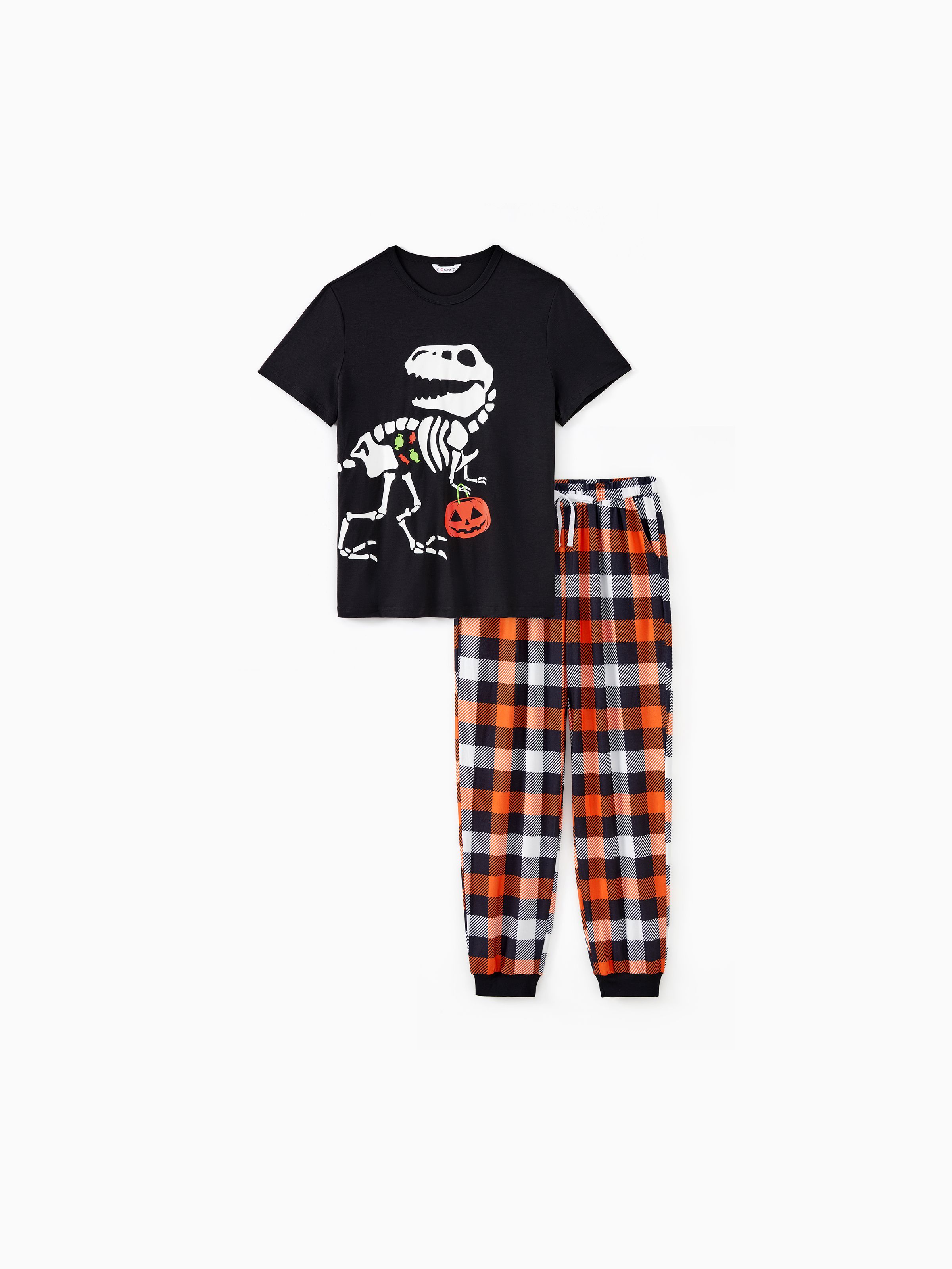 

Halloween Family Matching Glow in the Dark Dinosaur Skeleton Pumpkin Pattern Short Sleeves Top Plaid Pants Pajamas Sets with Pockets (Flame Resistant)