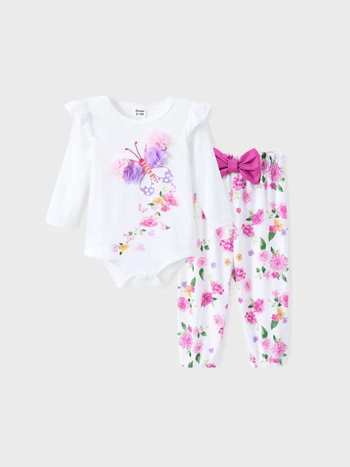 Baby Girl 3pcs Floral Print Romper and Pants with Headband Set