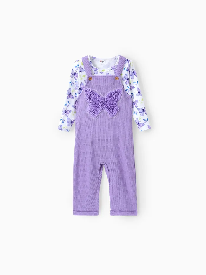 Toddler Girl 2pcs Sweet Butterfly Print Tee and Overalls Set